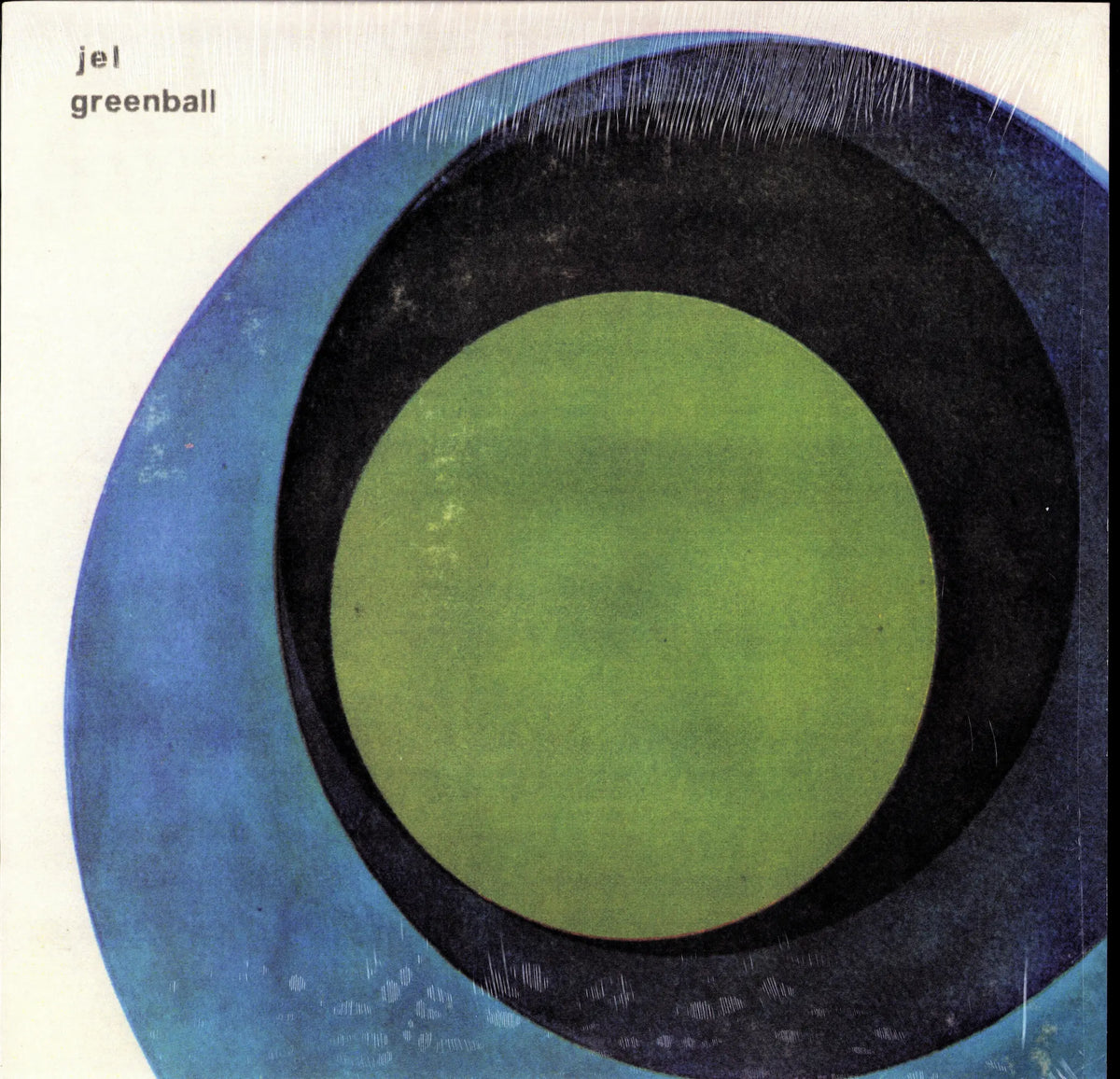 Jel – Greenball Vinyl LP Frontcover mit grünem Kreis und blau-schwarzen Ringen in Schrumpffolie