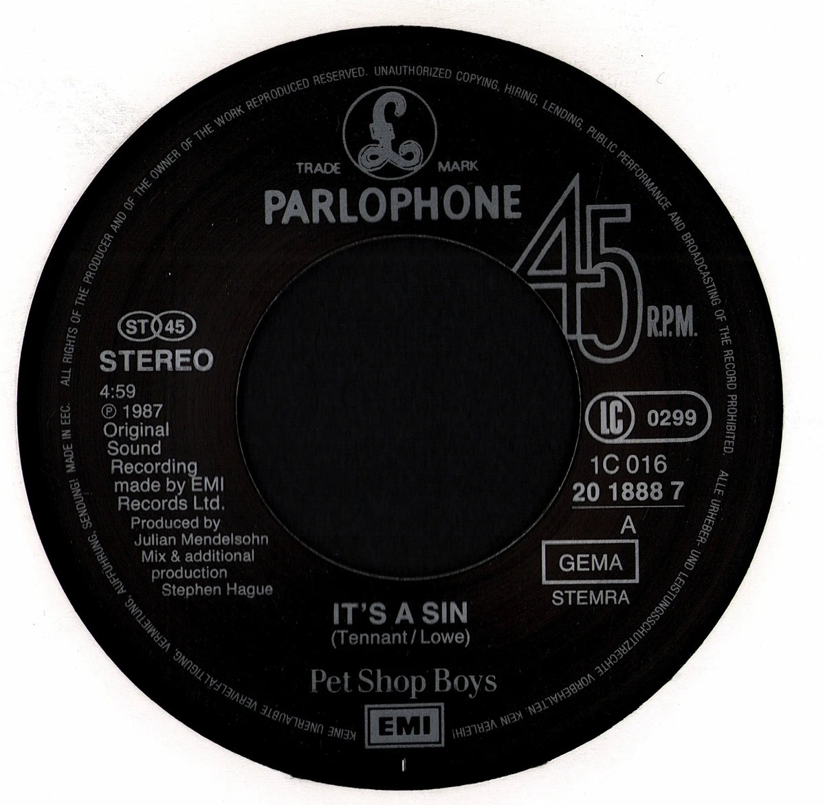 Pet Shop Boys - It's A Sin Vinyl 7" | EU Original | 1987 Kopie
