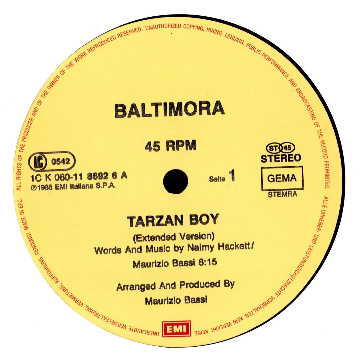 Baltimora - Tarzan Boy (Extended Version) (Vinyl 12" Maxi-Single | EU | 1985)