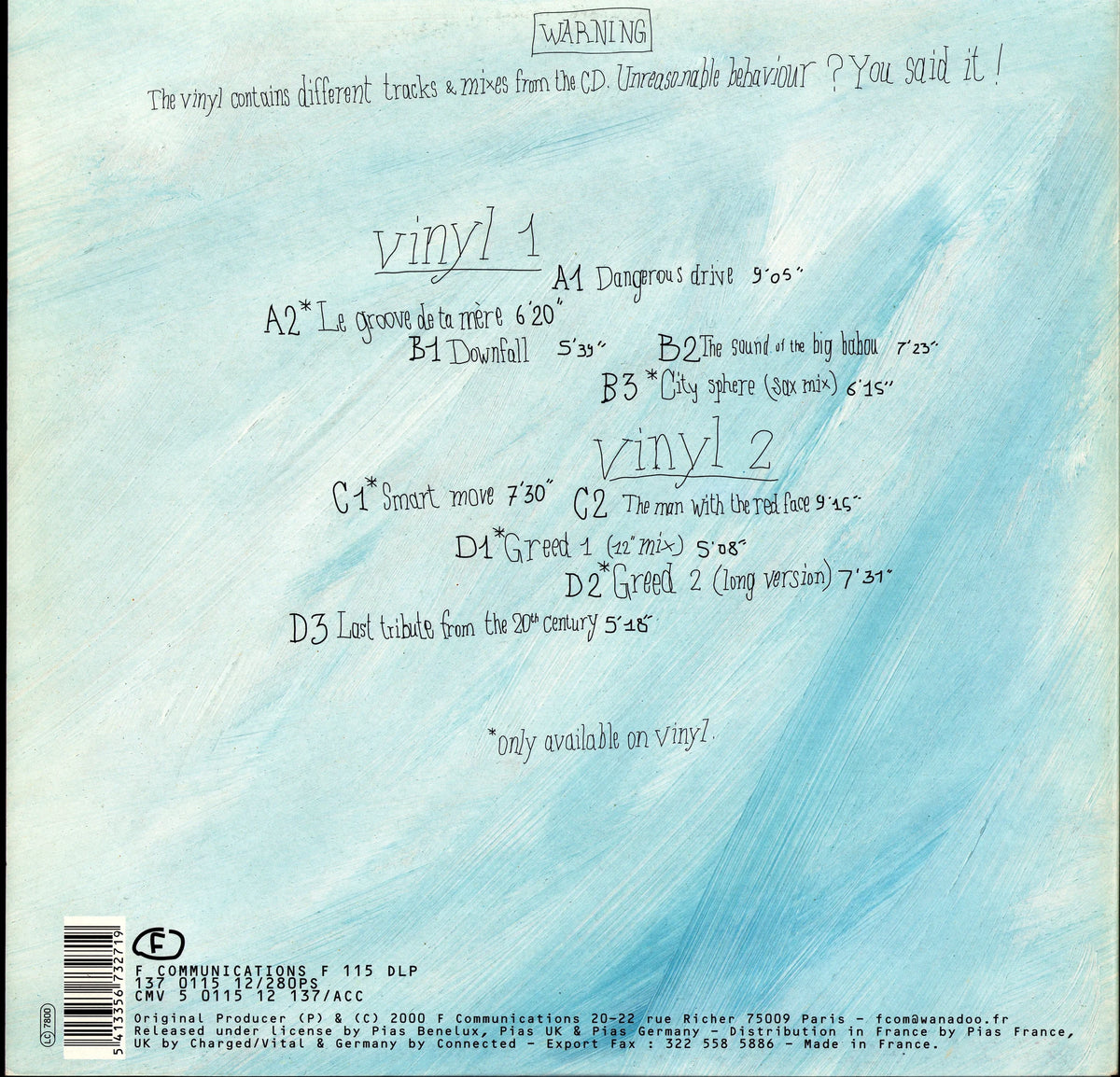 Laurent Garnier – Unreasonable Behaviour (Vinyl 2LP | UK & EU | 2000) – back cover