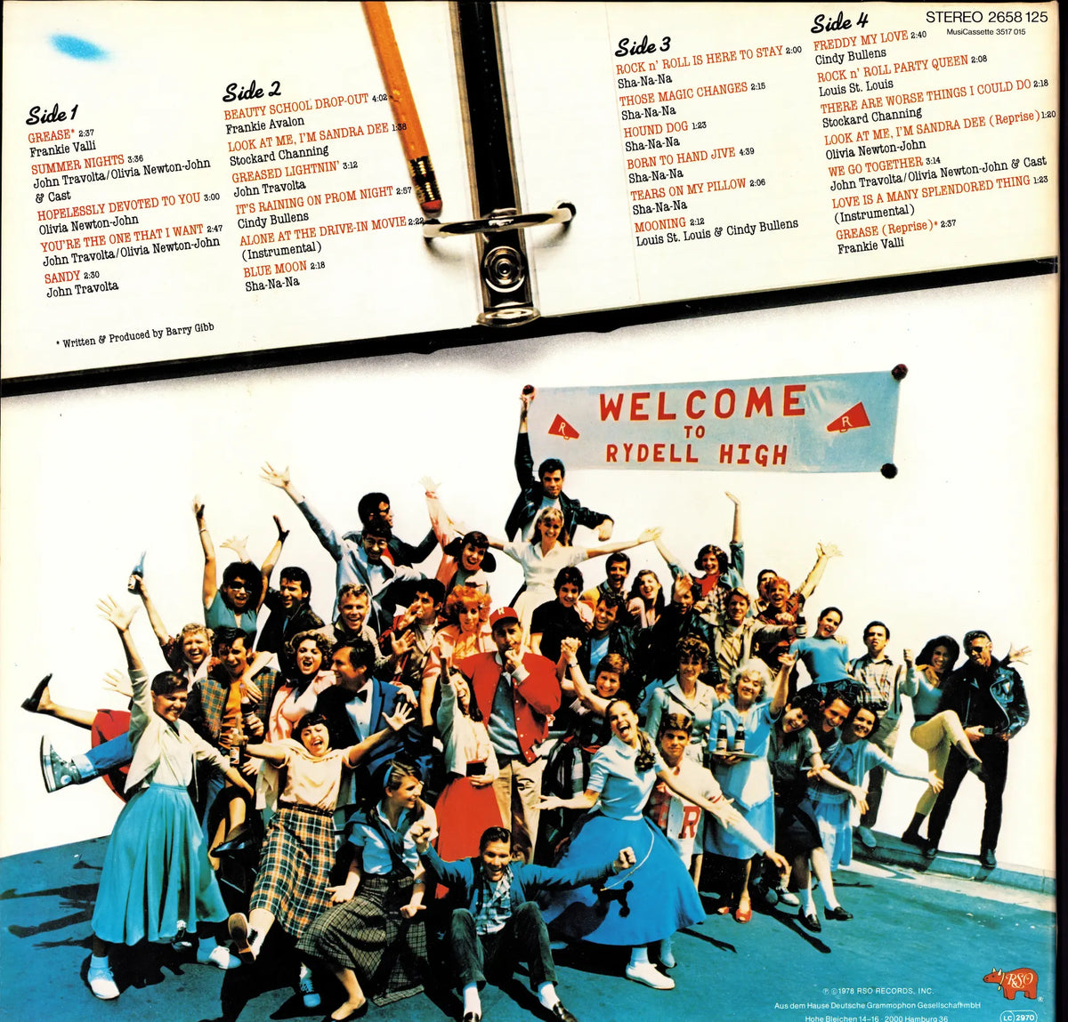 Various – Grease Soundtrack Vinyl 2LP Rückseite mit Tracklist und Gruppenfoto vor der Rydell High