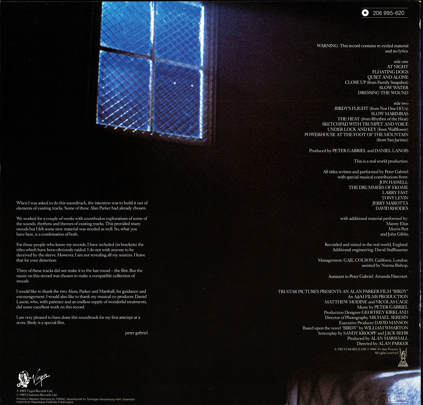 Peter Gabriel – Birdy Music From The Film By Peter Gabriel Vinyl LP