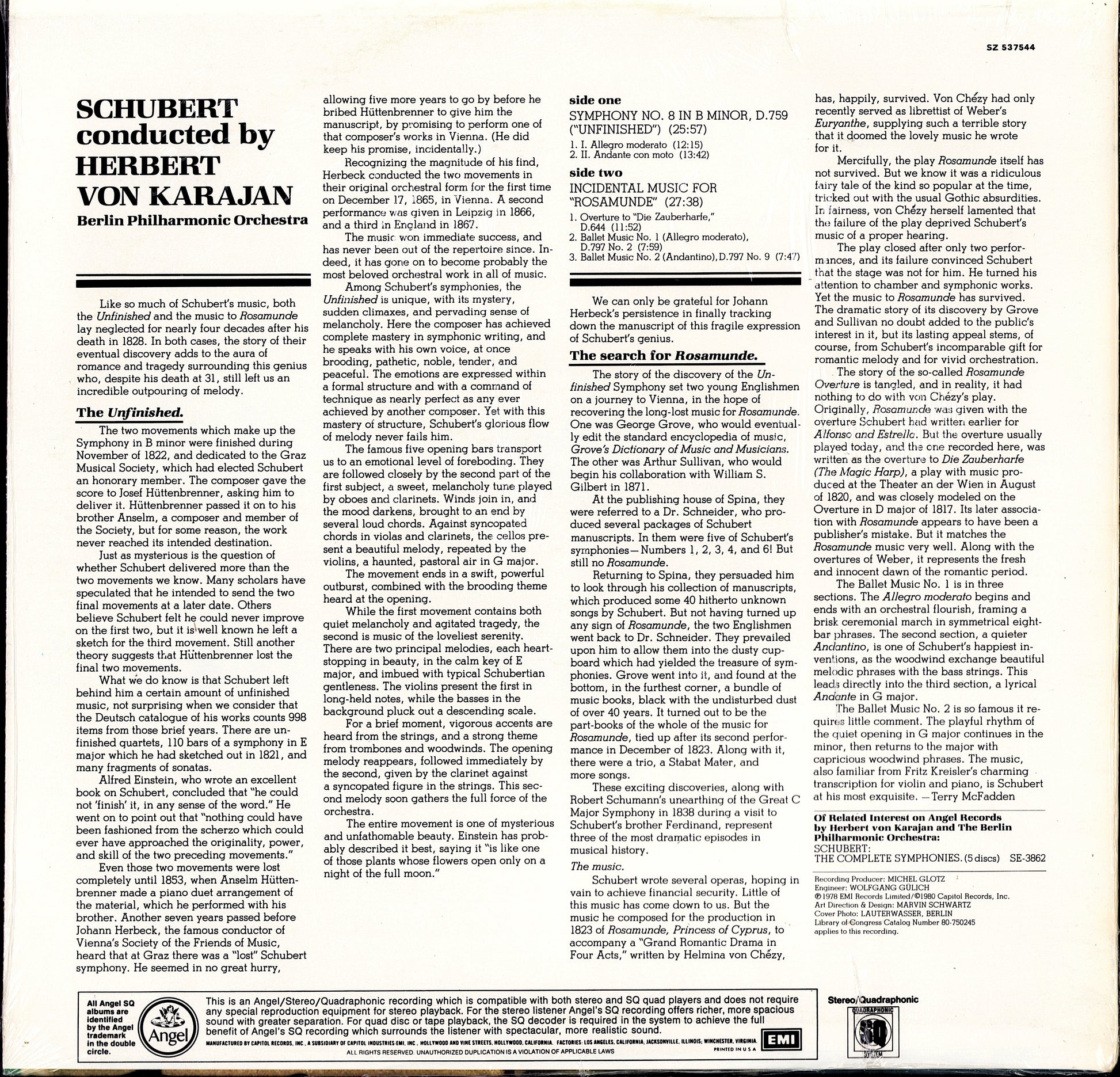 Schubert – Symphony No. 8 „Unfinished“ / Rosamunde Vinyl LP | US Reissue | Quadraphonic