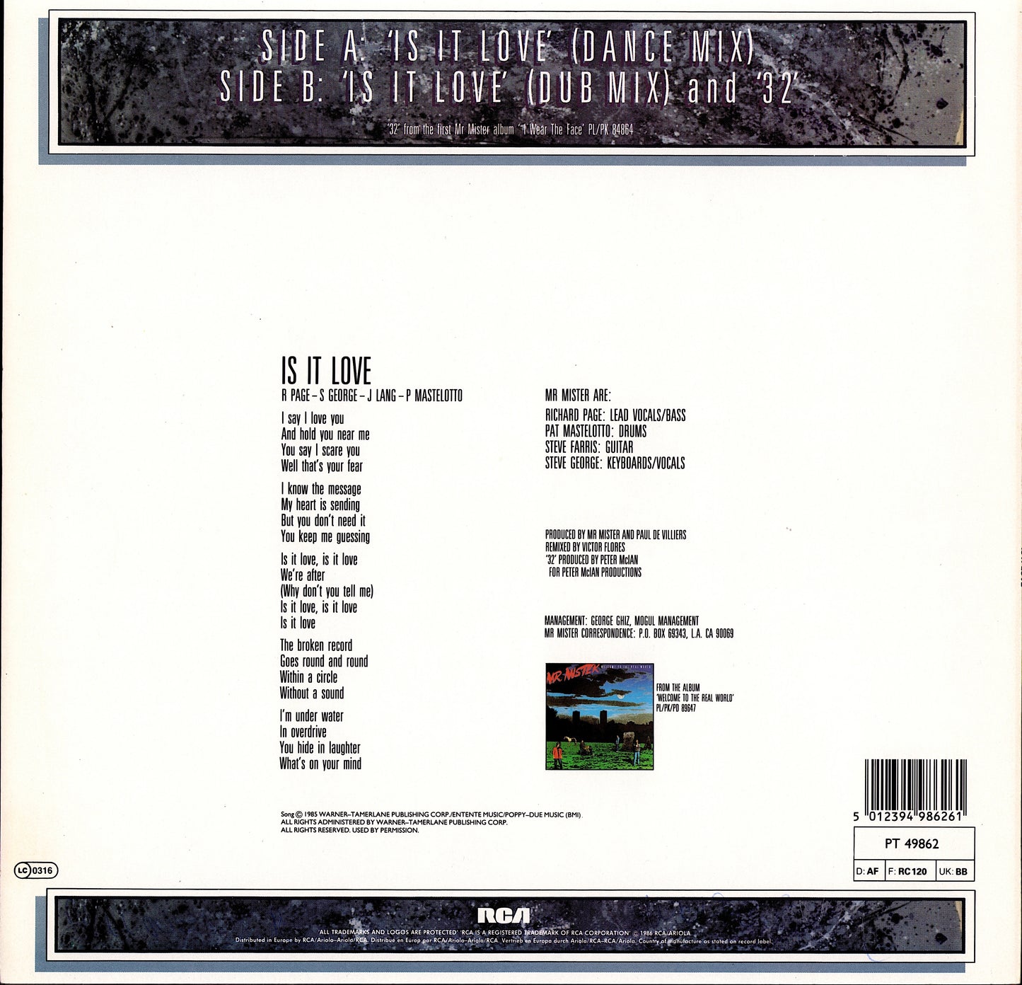 Mr. Mister – Is It Love Vinyl 12" Maxi-Single | EU Original | 1986