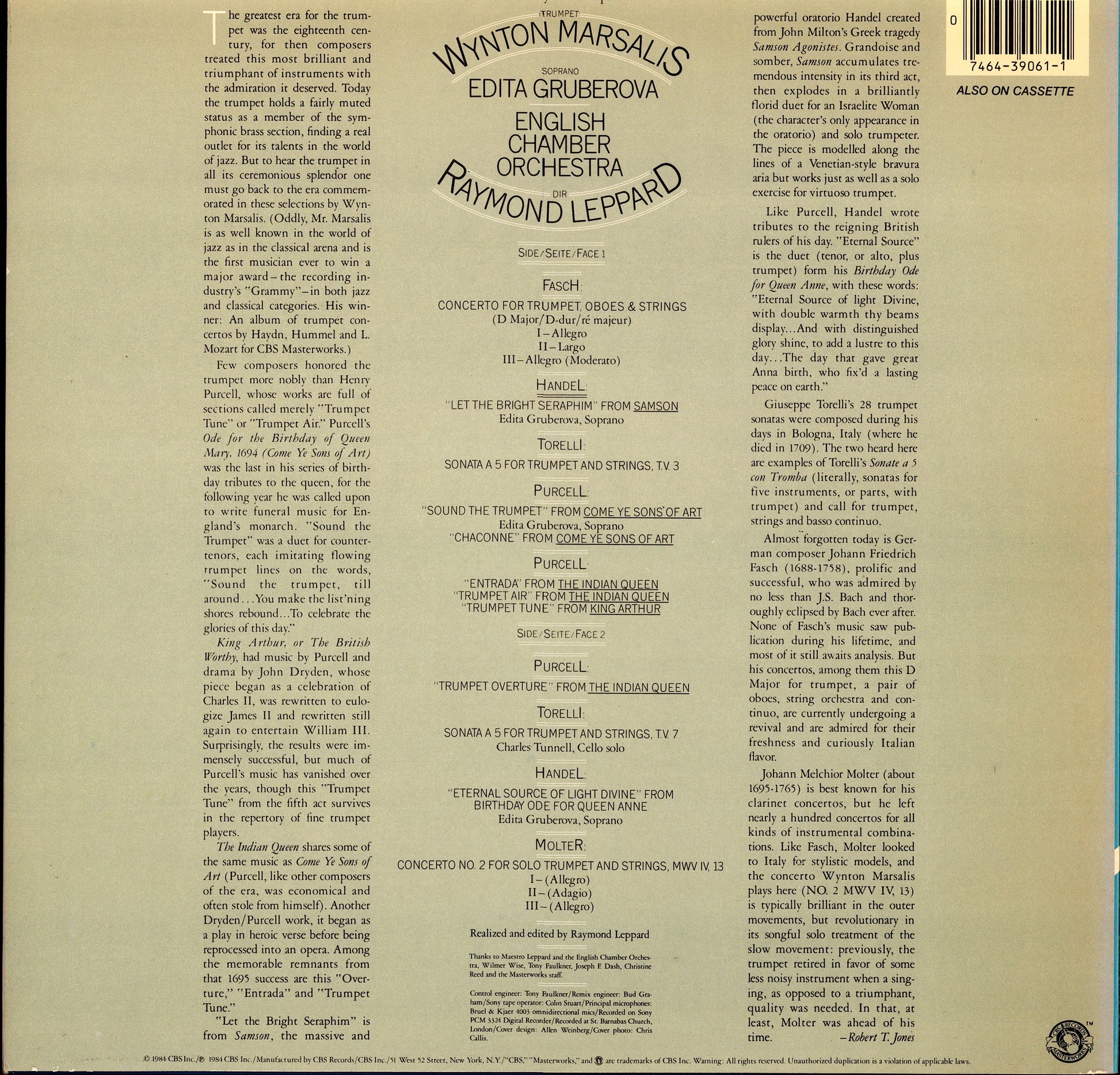 Wynton Marsalis – Plays Handel, Purcell, Torelli, Fasch, Molter Vinyl LP | US Original | 1984