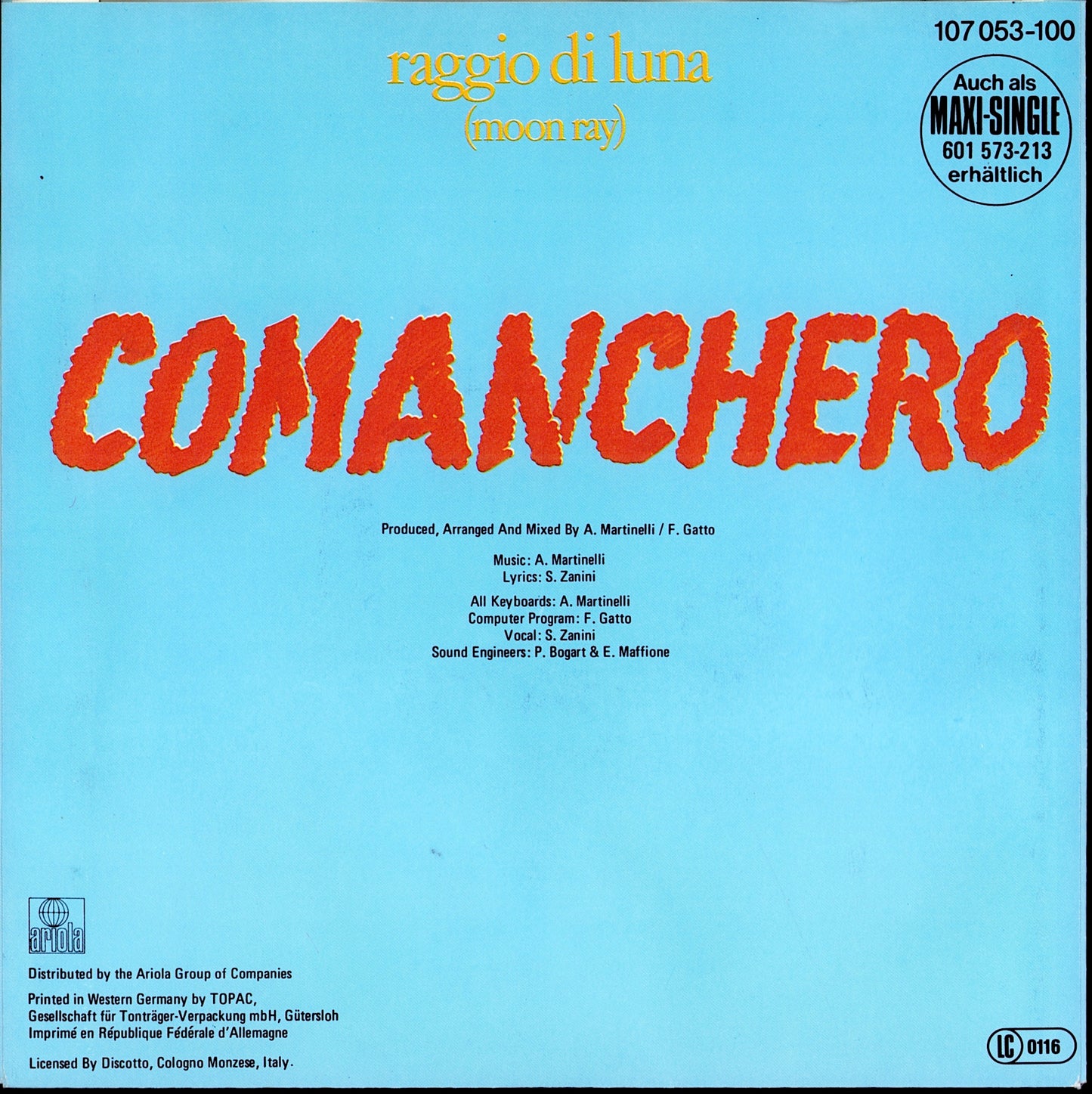 Raggio Di Luna – Comanchero Vinyl 7" | EU Original | 1984