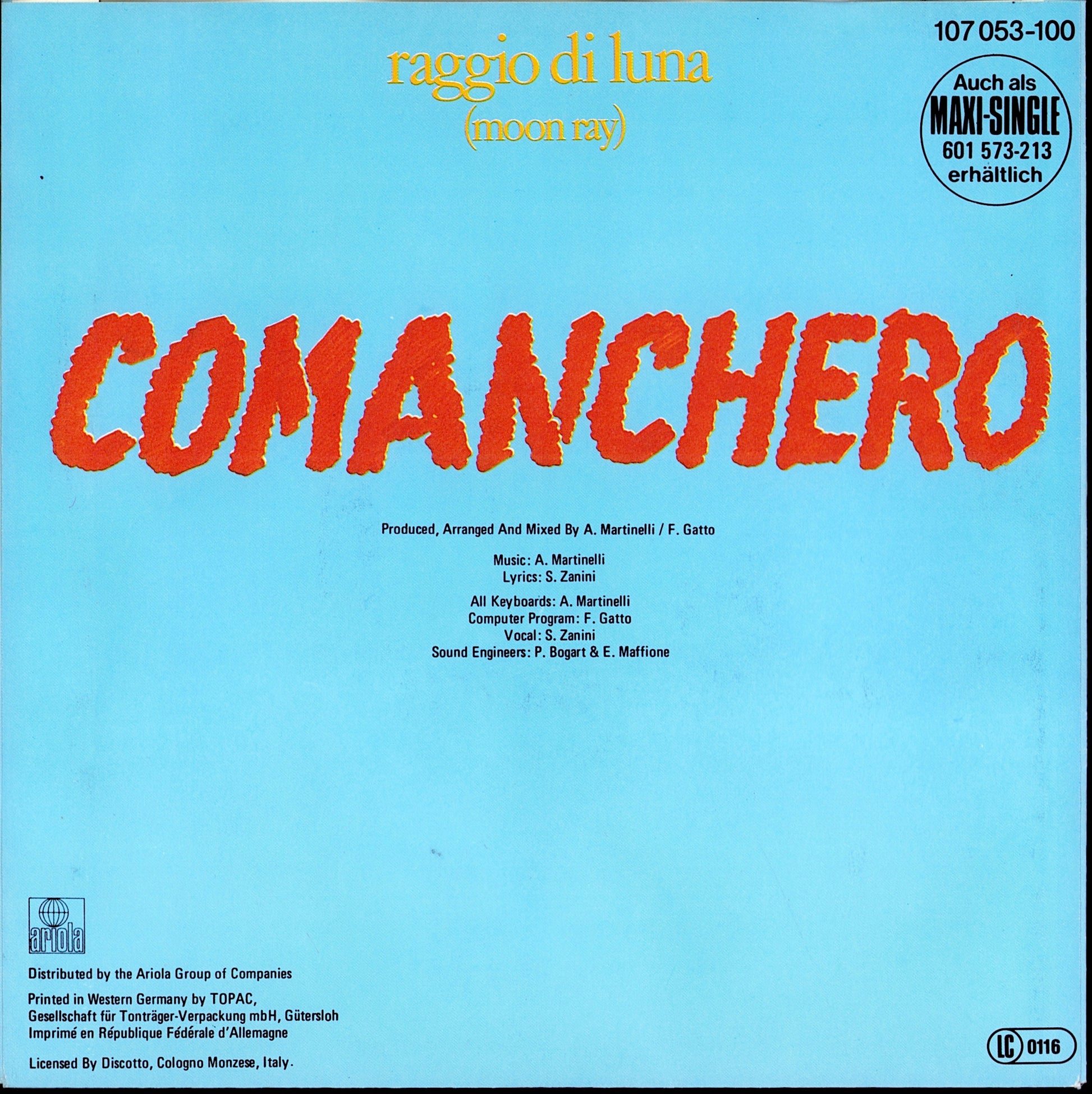 Raggio Di Luna – Comanchero Vinyl 7" | EU Original | 1984