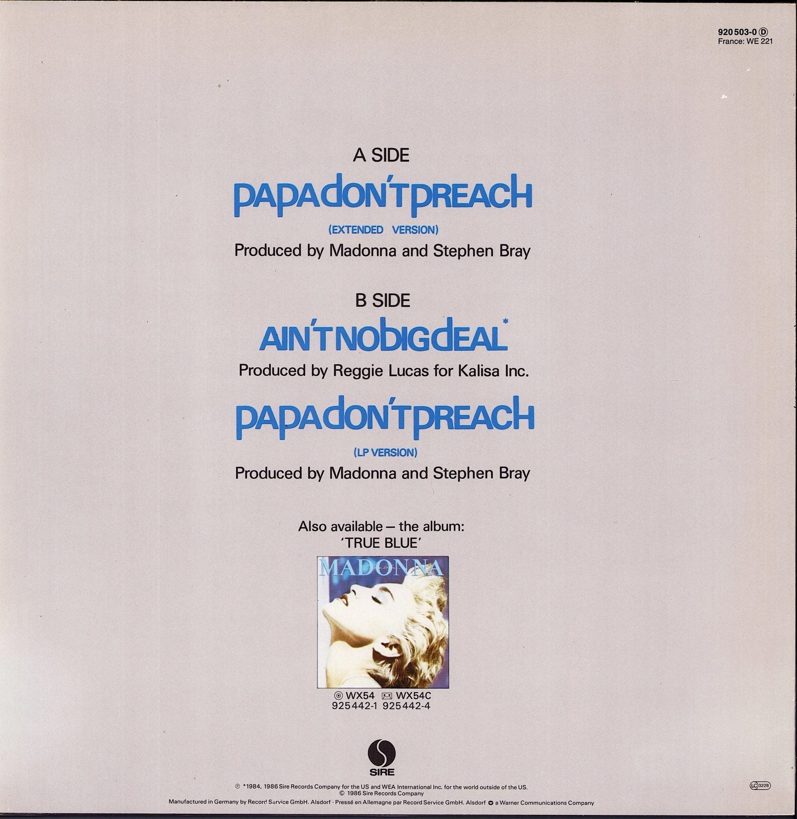 Madonna - Papa Don't Preach Extended Version Vinyl 12" Maxi-Single