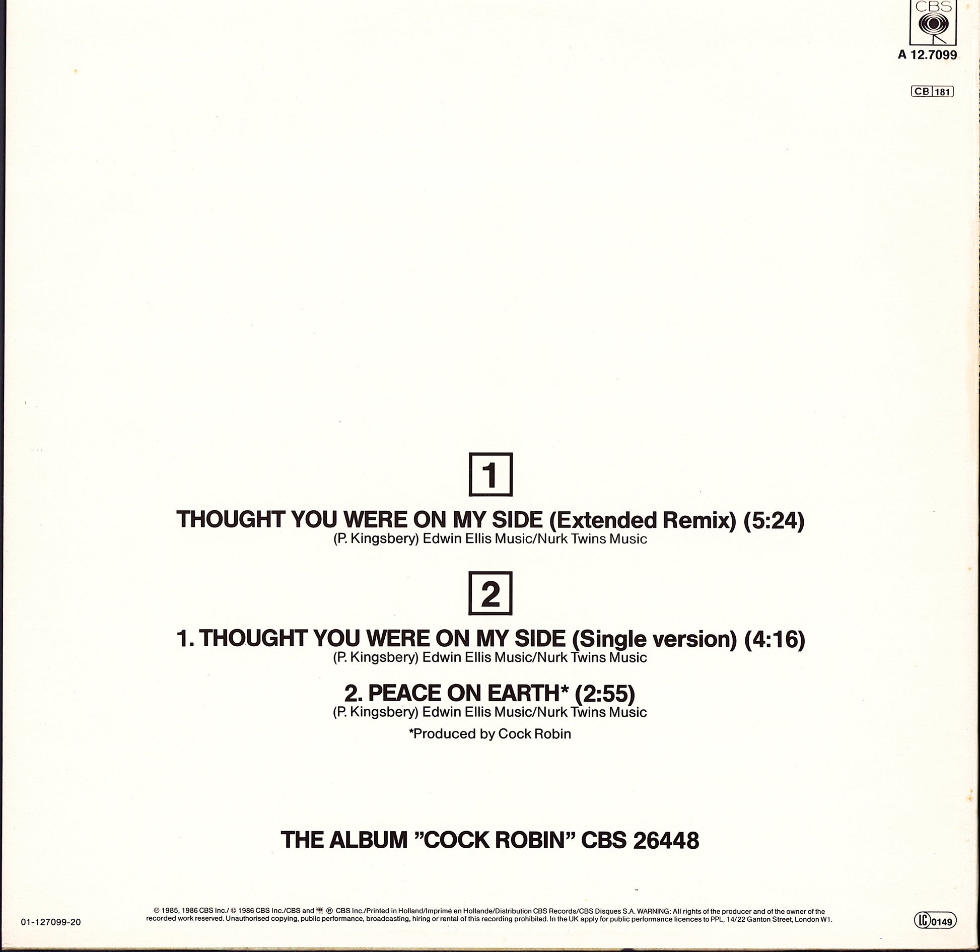 Cock Robin - Thought You Were On My Side Extended Re-mix Vinyl 12" Maxi-Single