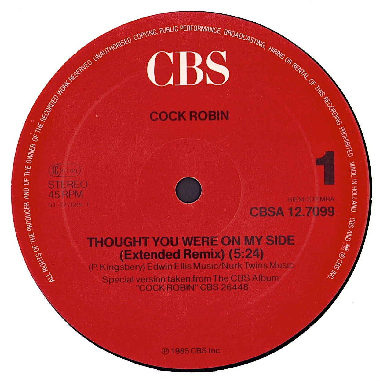 Cock Robin - Thought You Were On My Side Extended Re-mix Vinyl 12" Maxi-Single