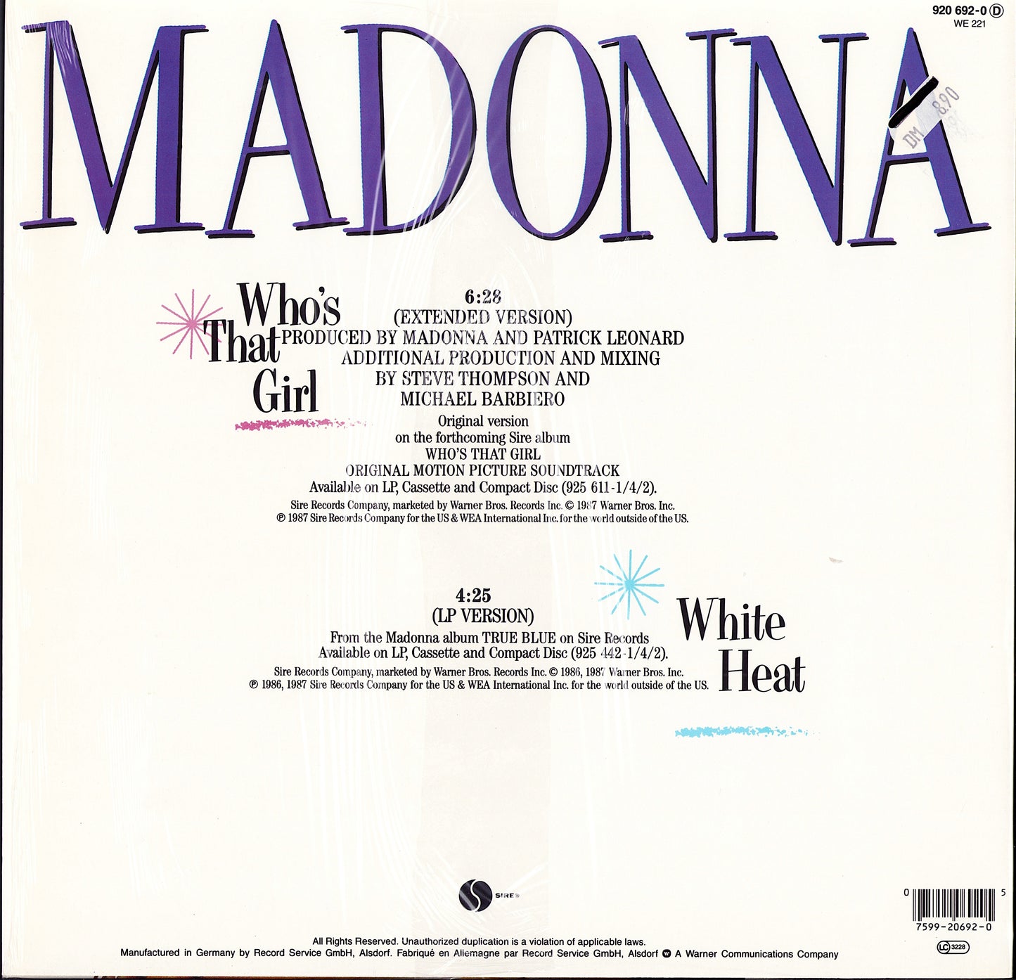 Madonna - Who's That Girl Extended Version Vinyl 12" Maxi-Single