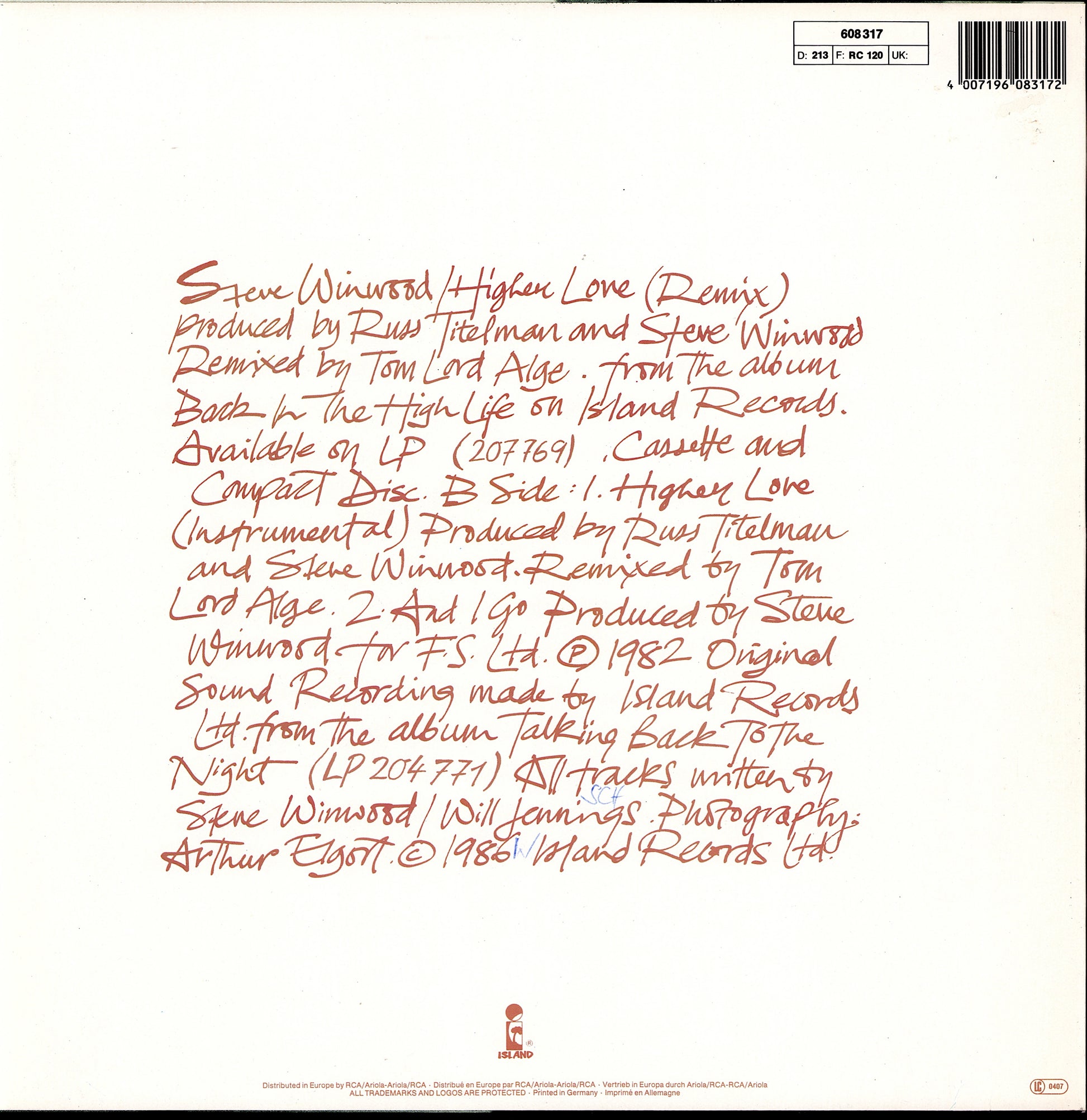 Steve Winwood – Higher Love Vinyl 12" Maxi-Single | EU Original | 1986