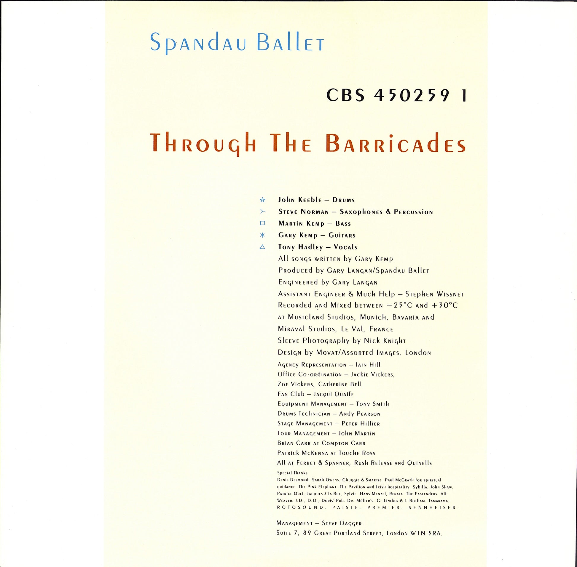 Spandau Ballet - Through The Barricades Vinyl LP