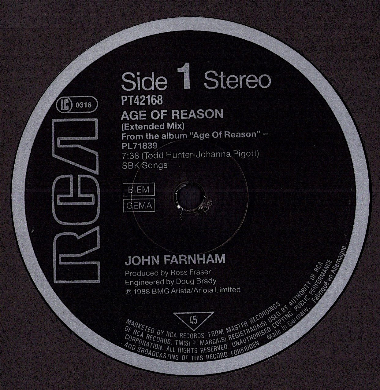 John Farnham – Age Of Reason Vinyl 12" | EU Original | 1988