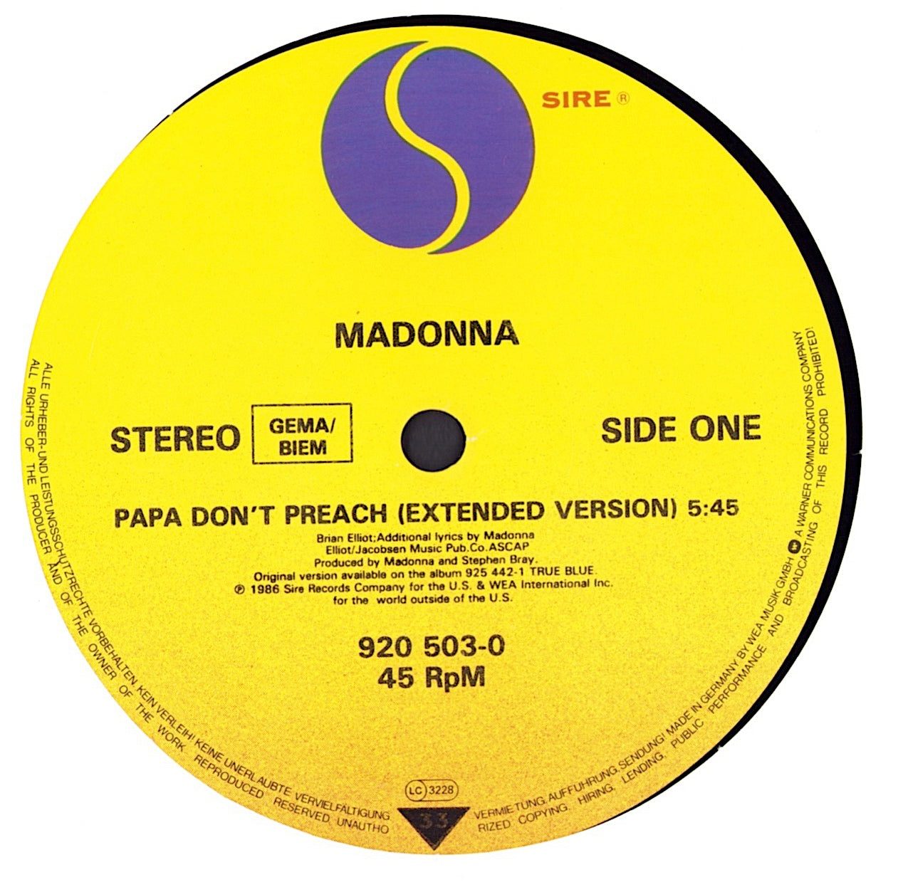 Madonna - Papa Don't Preach Extended Version Vinyl 12" Maxi-Single