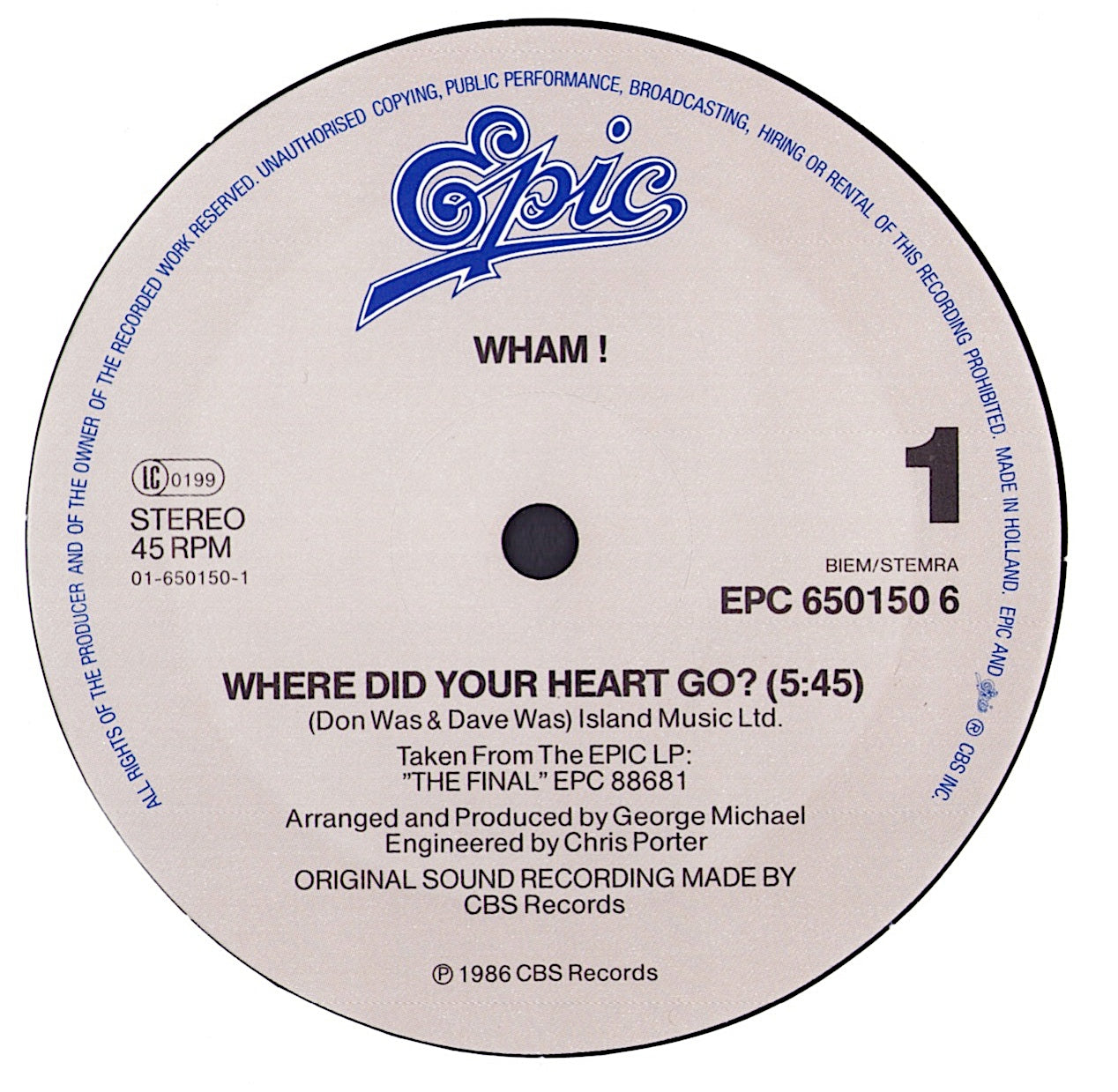 Wham! – Where Did Your Heart Go? / Wham! Rap '86 Vinyl 12" Maxi-Single