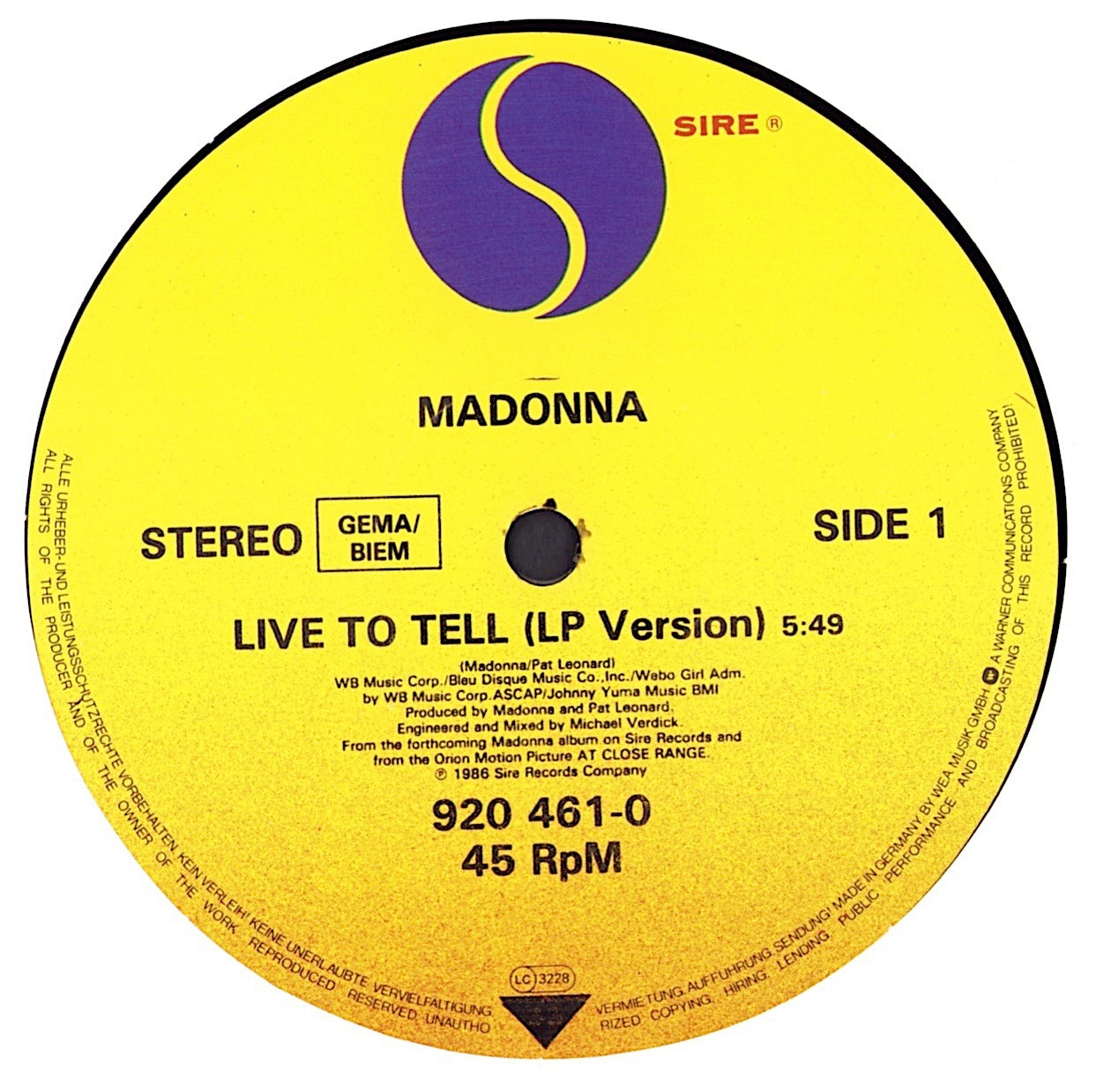 Madonna - Live To Tell Vinyl 12" Maxi-Single