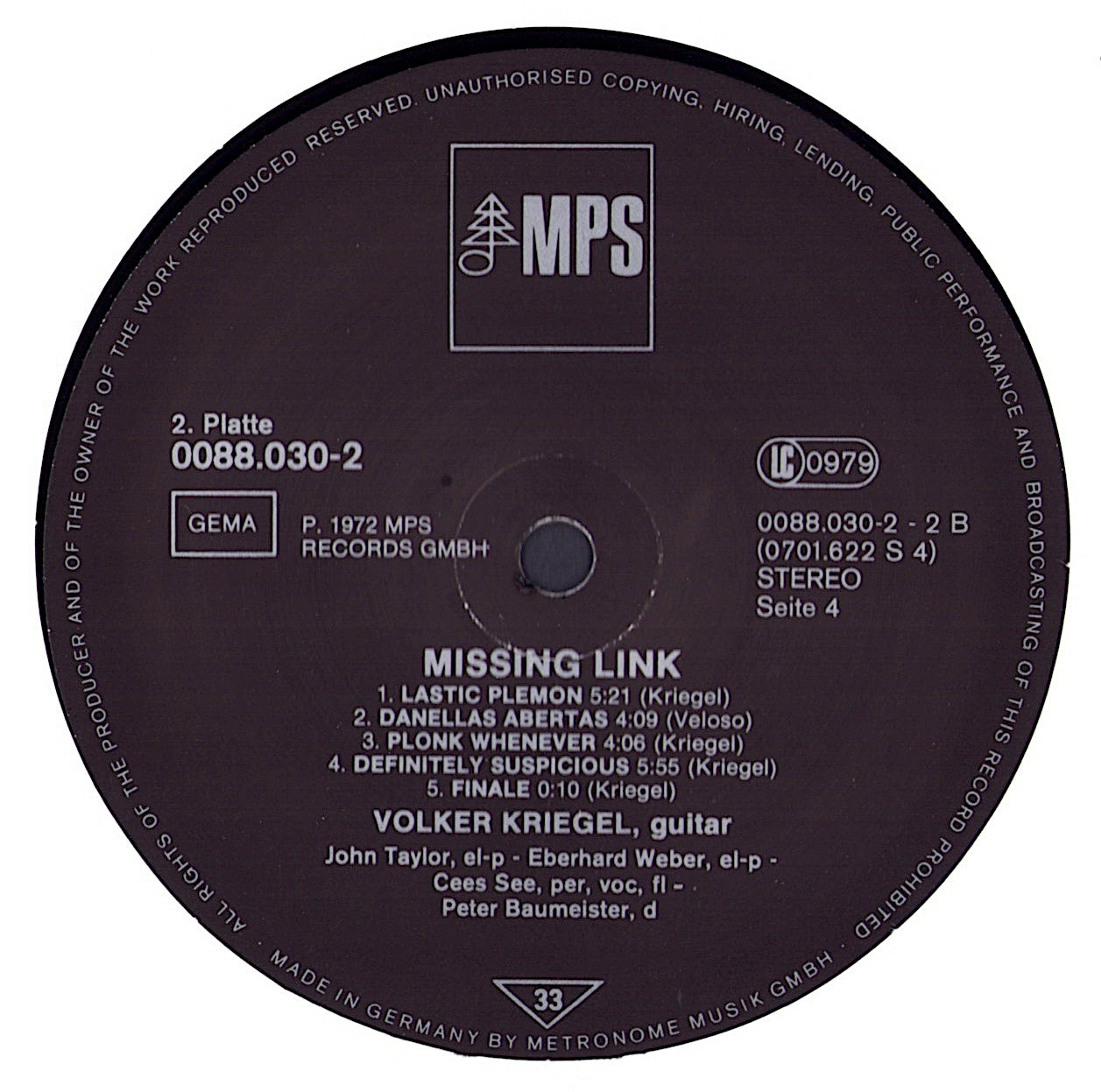 Volker Kriegel ‎- Inside: Missing Link Vinyl 2LP