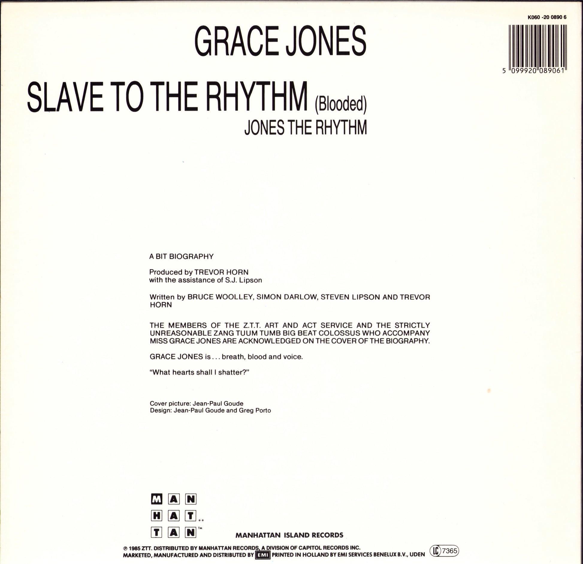 Grace Jones ‎- Slave To The Rhythm Vinyl 12" Maxi-Single