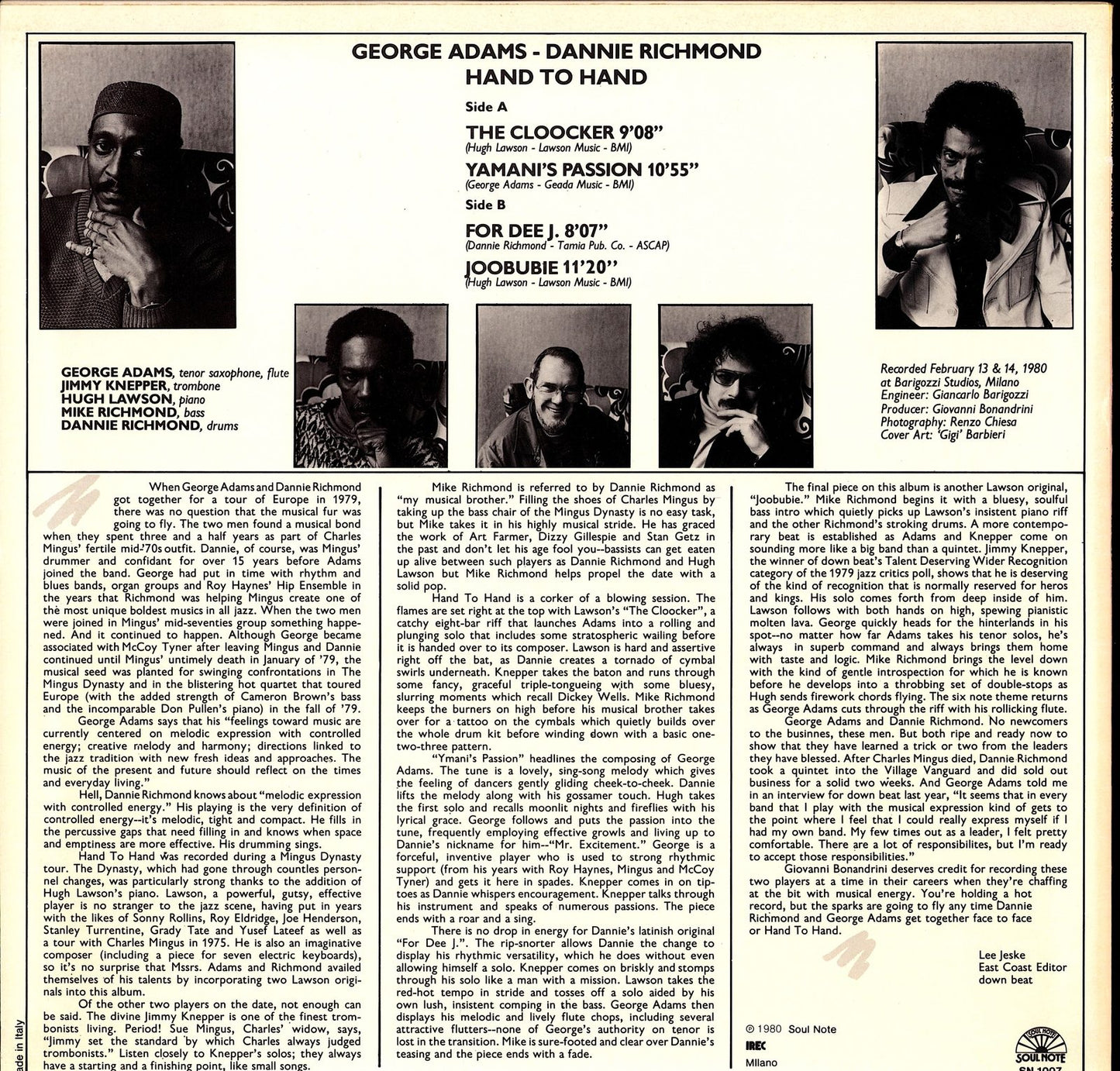 George Adams - Dannie Richmond – Hand To Hand Vinyl LP | IT Original | 1980