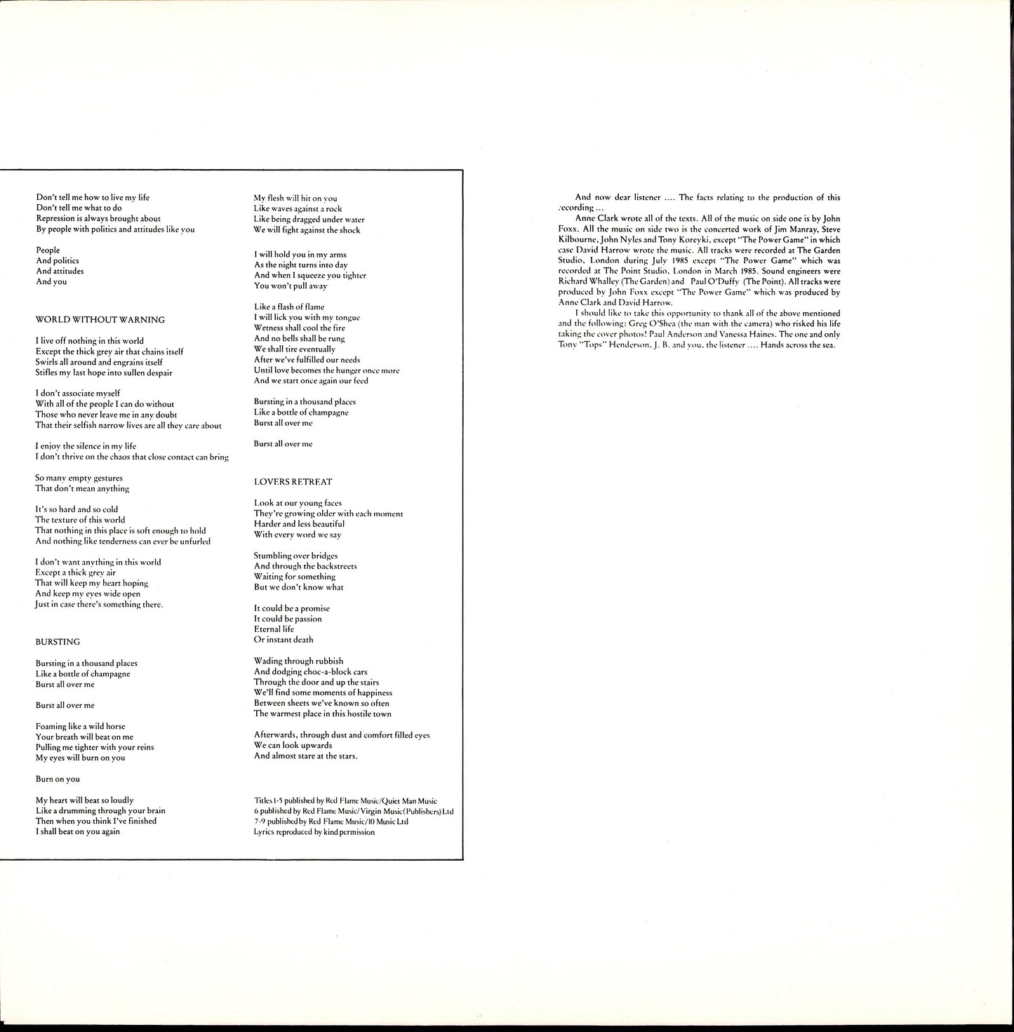 Anne Clark – Joined Up Writing Vinyl LP Kopie