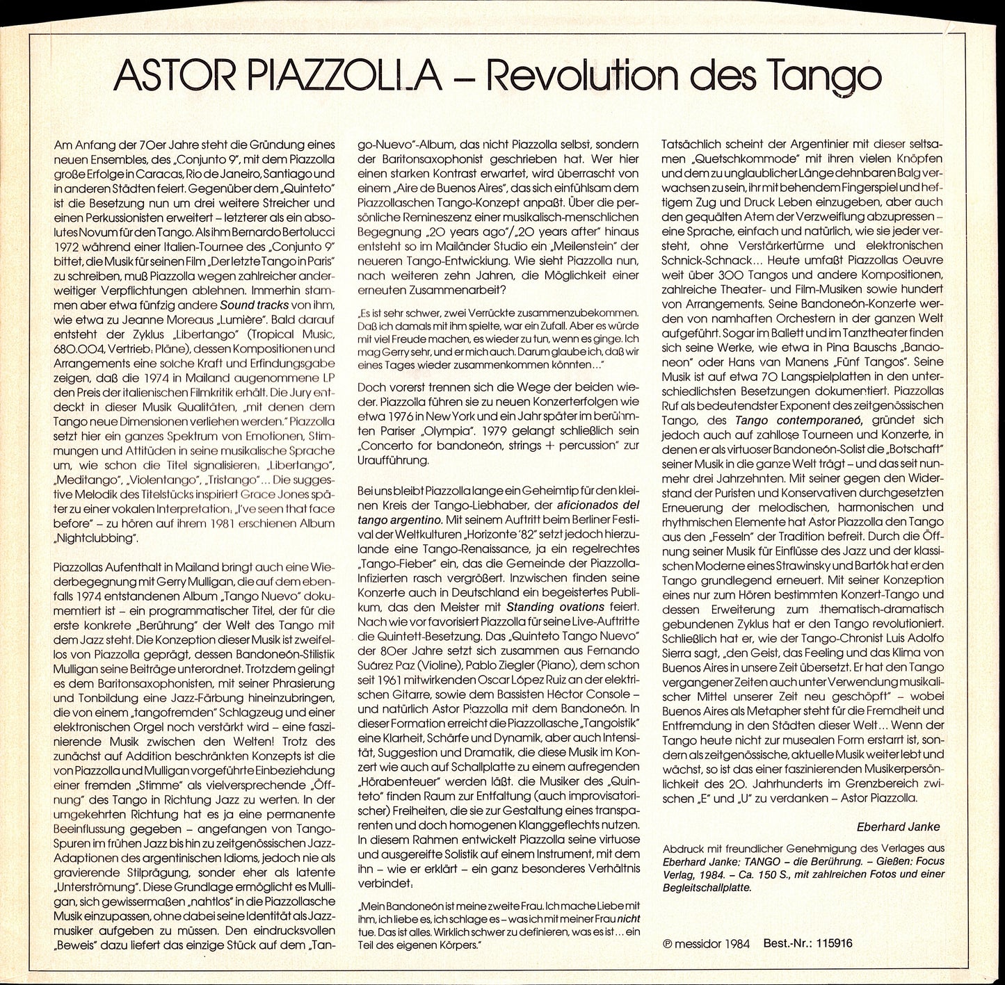 Astor Piazzolla Y Su Quinteto Tango Nuevo – Live In Wien Vol. 1 Vinyl LP