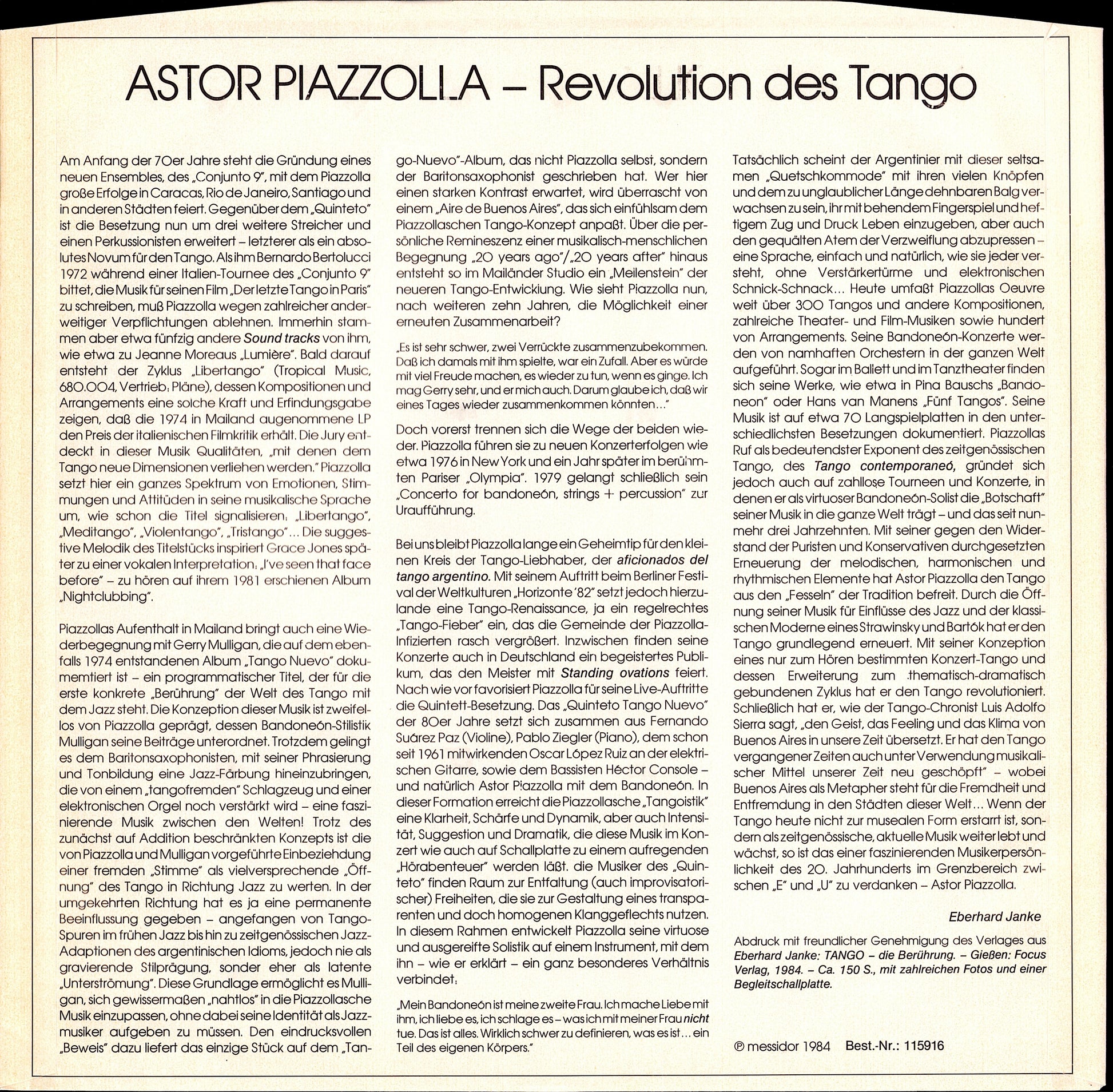 Astor Piazzolla Y Su Quinteto Tango Nuevo – Live In Wien Vol. 1 Vinyl LP