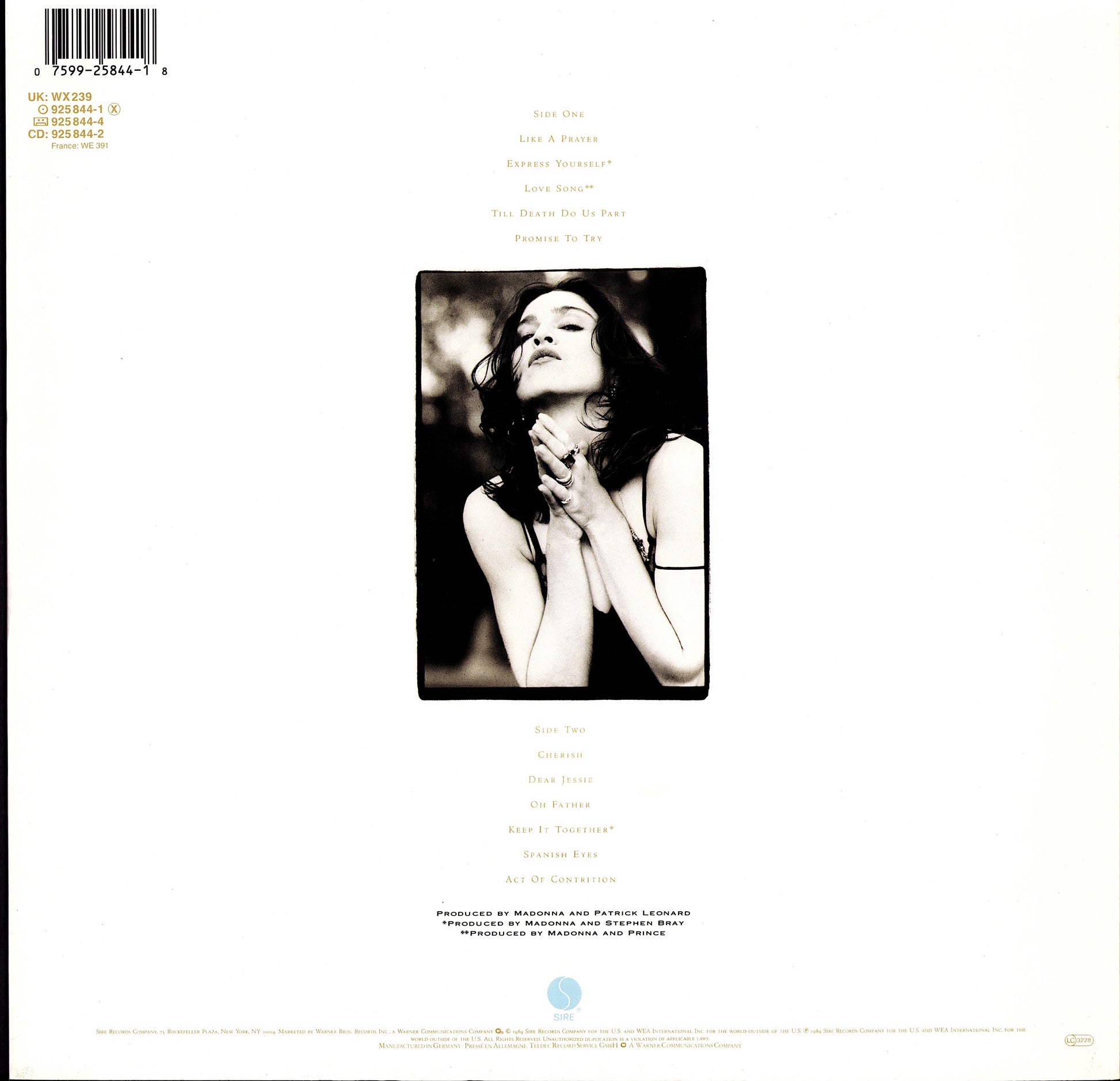 Madonna ‎- Like A Prayer Vinyl LP Kopie