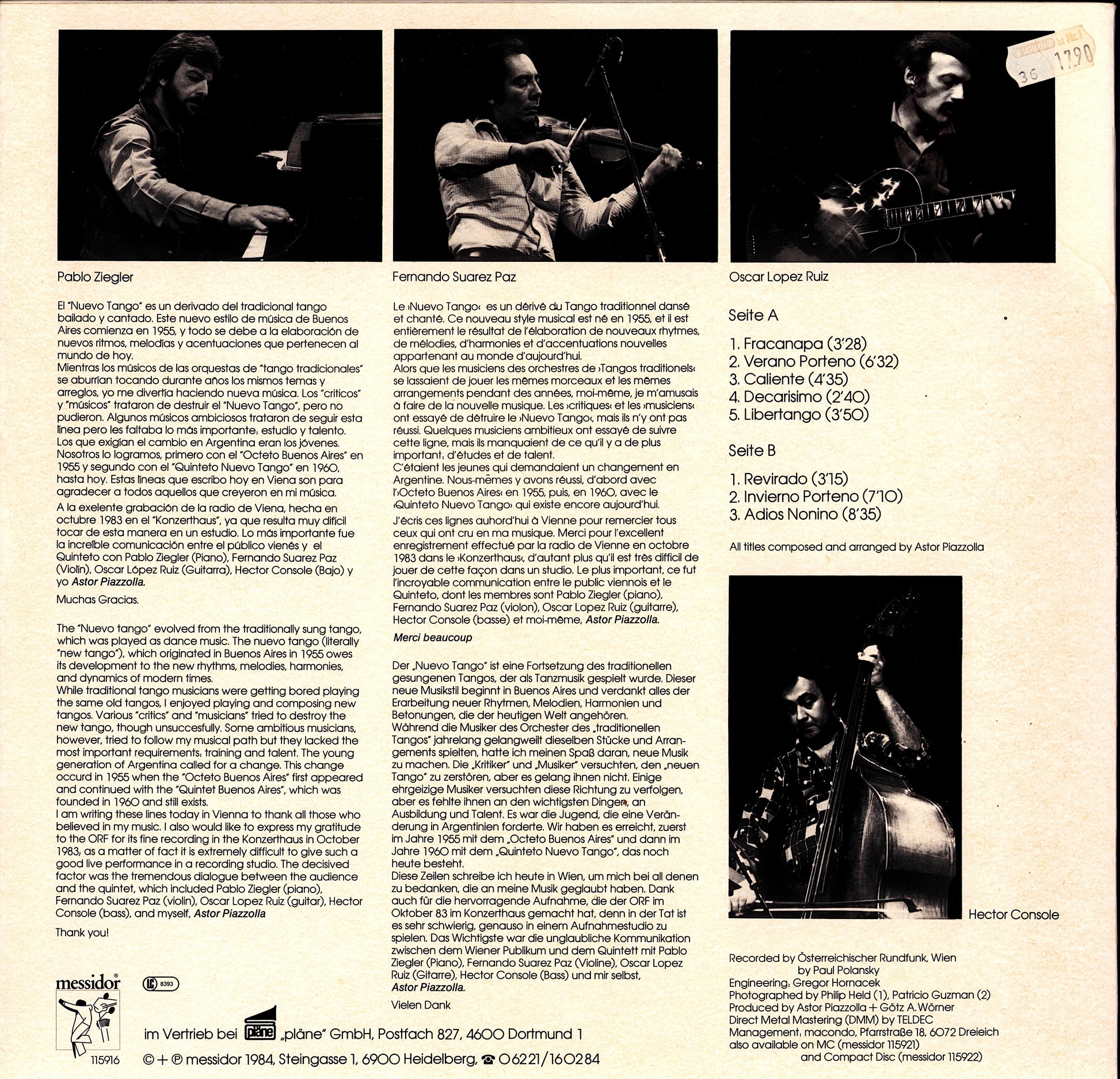 Astor Piazzolla Y Su Quinteto Tango Nuevo – Live In Wien Vol. 1 Vinyl LP