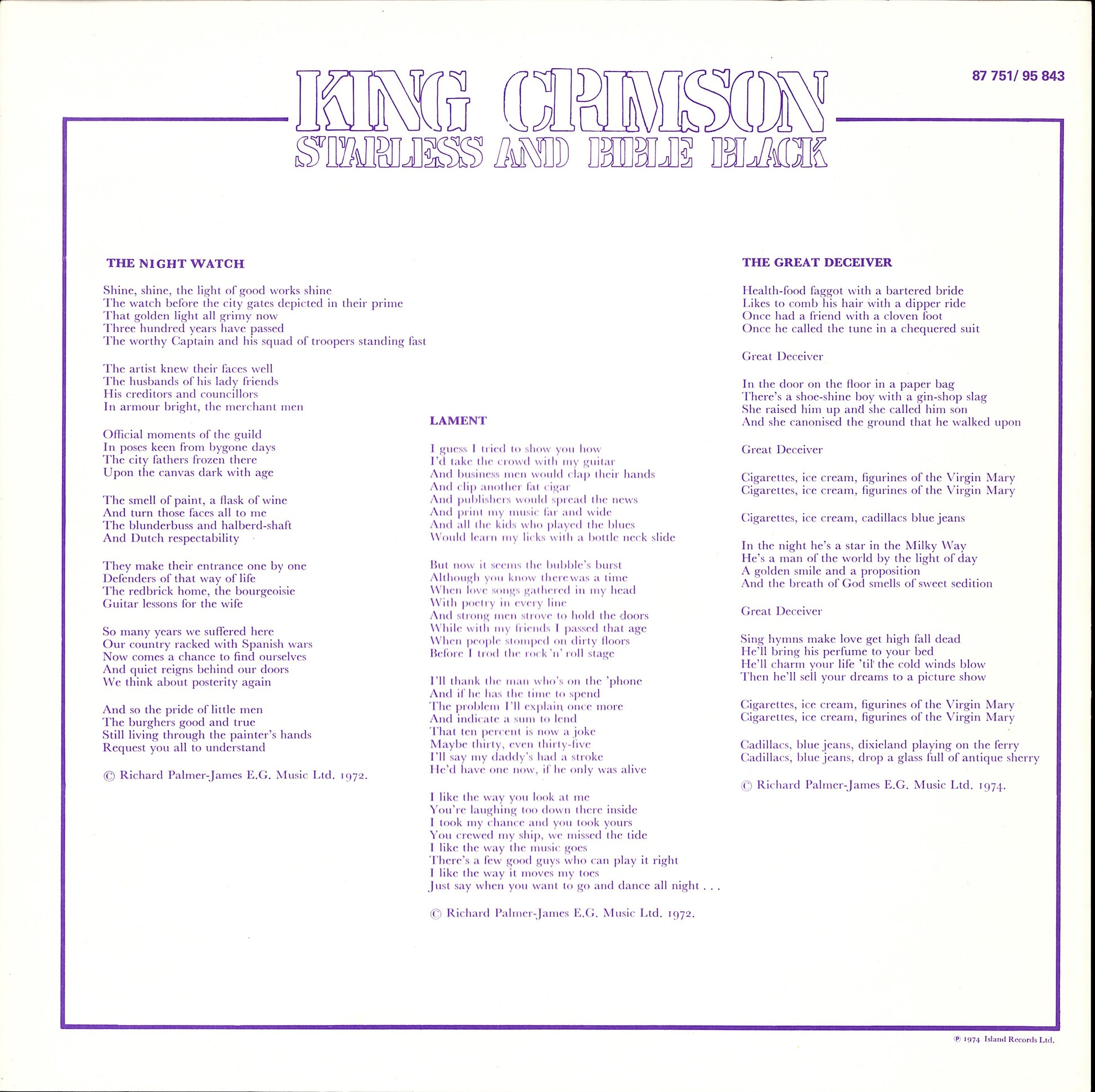 King Crimson - Starless And Bible Black Vinyl LP UK Kopie