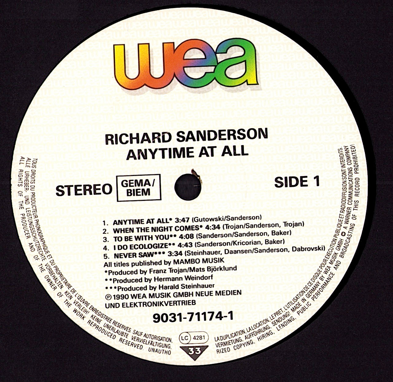 Richard Sanderson – Anytime At All Vinyl LP | DE Original | 1990