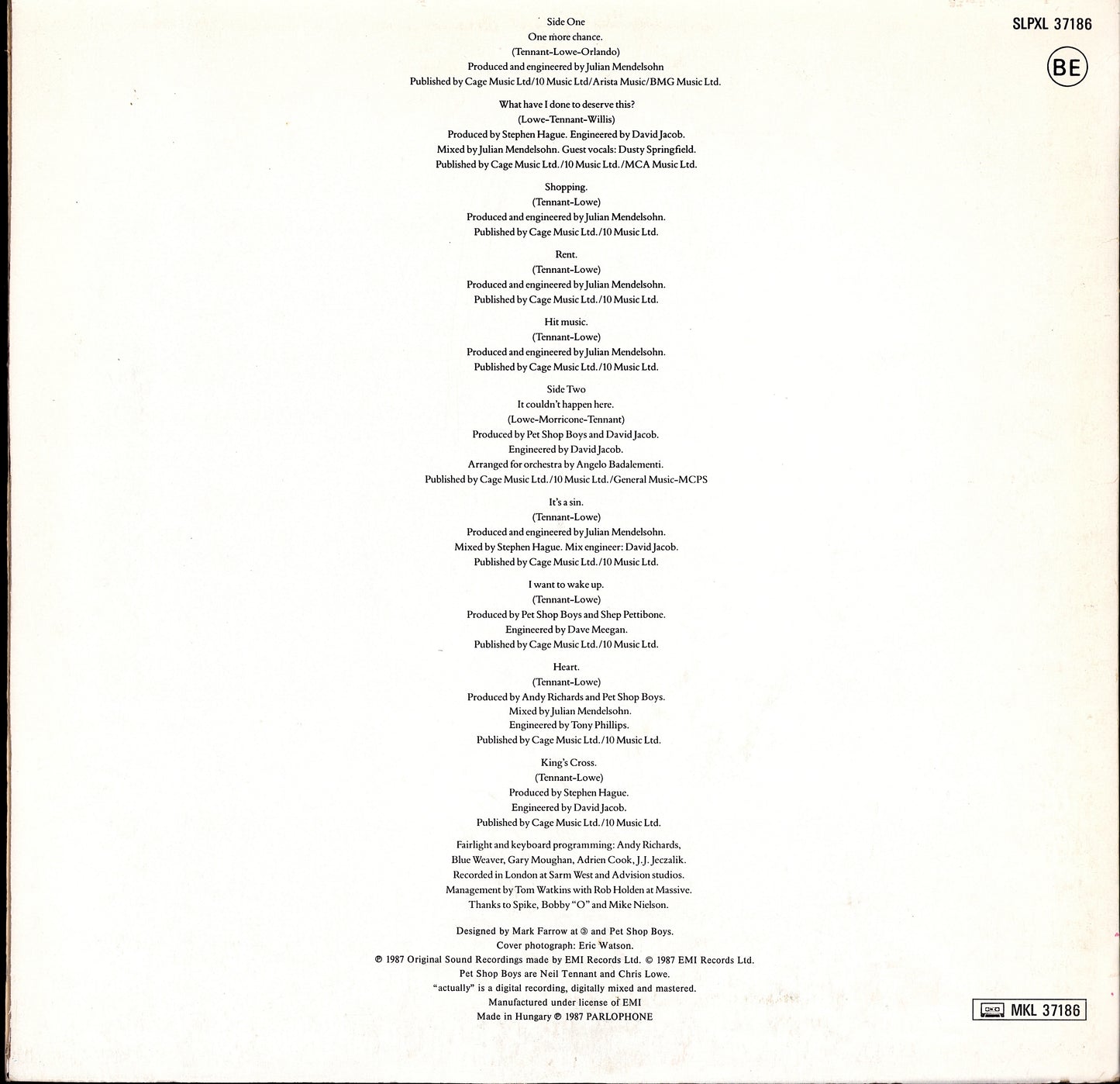 Pet Shop Boys ‎- Actually Vinyl LP Kopie