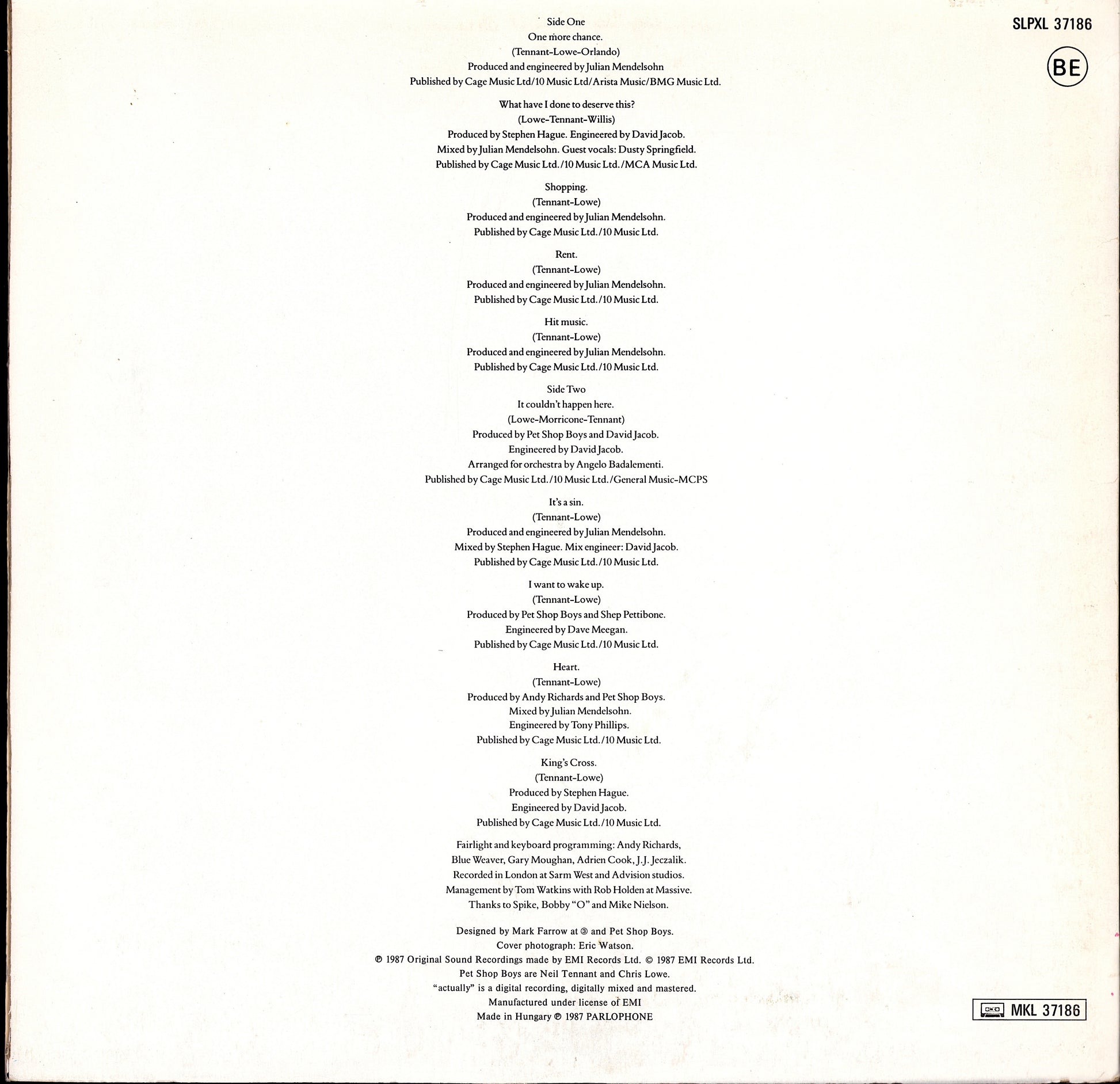 Pet Shop Boys ‎- Actually Vinyl LP Kopie