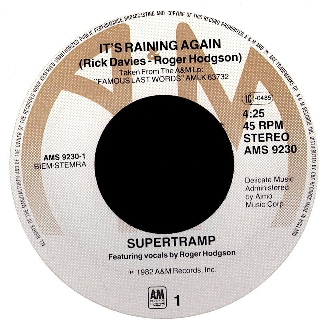 Supertramp – It's Raining Again 7" Vinyl Single