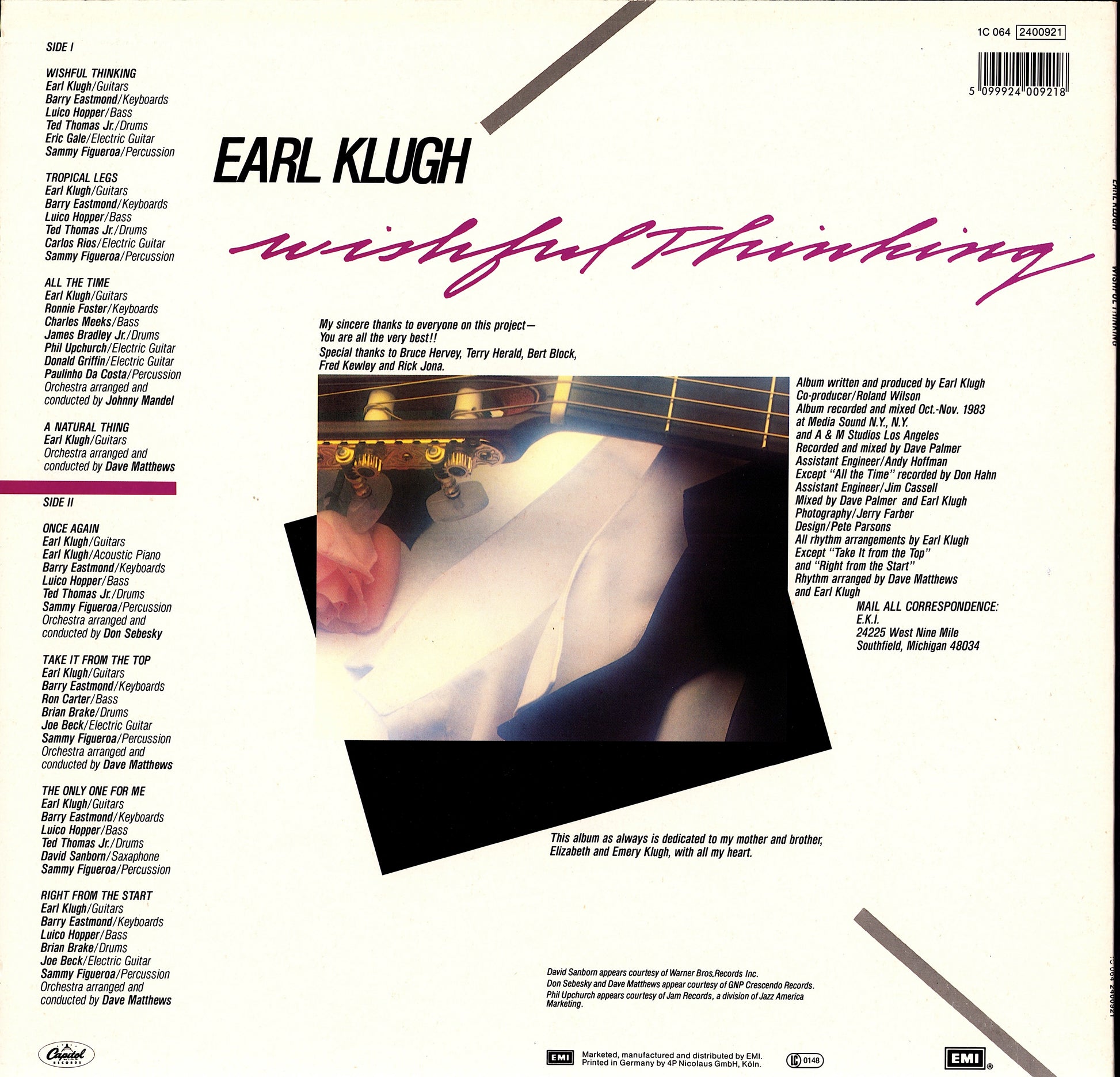 Earl Klugh ‎- Wishful Thinking Vinyl LP Kopie