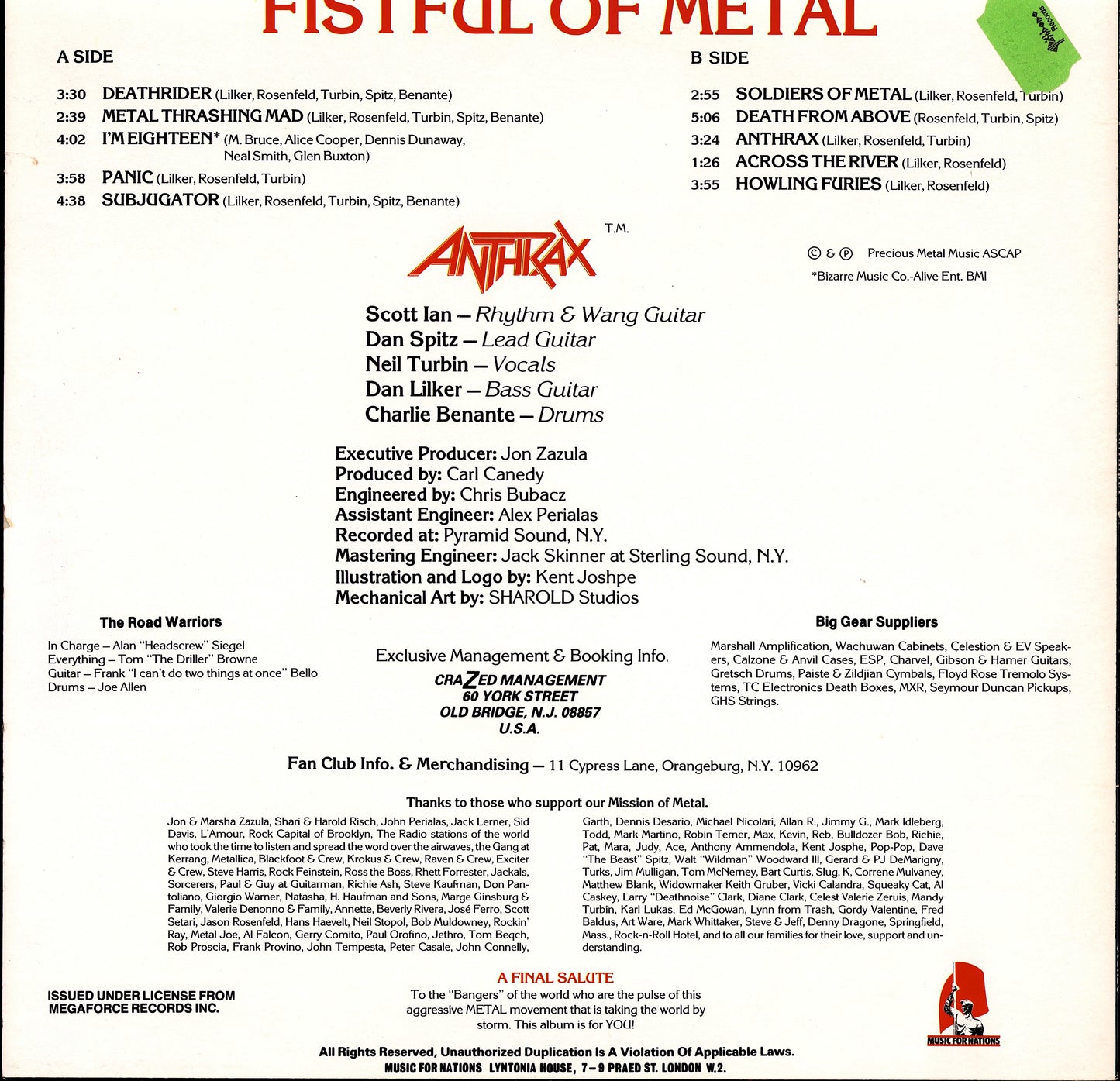 Anthrax - Fistful Of Metal (Vinyl LP | UK Original | 1984)