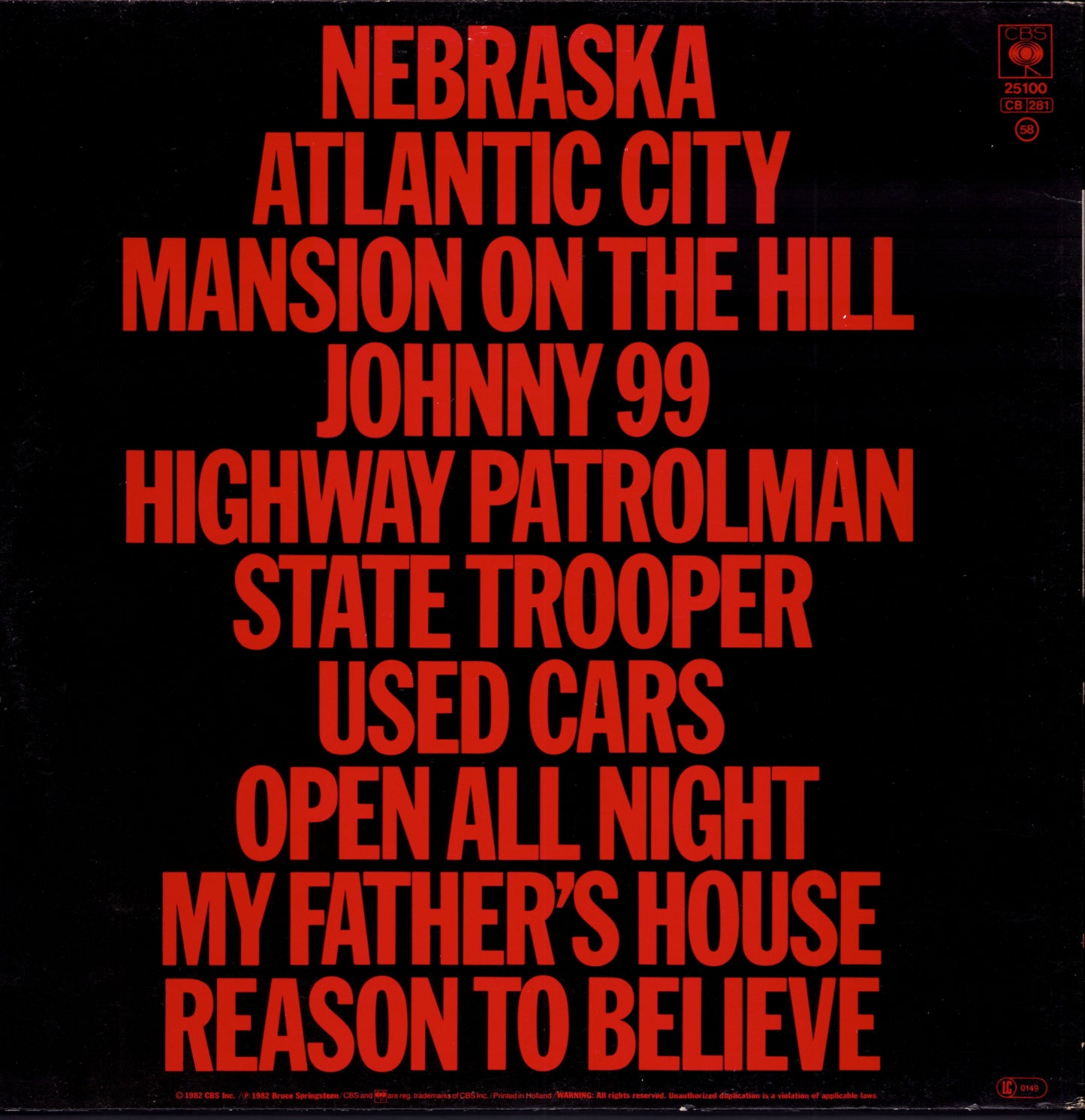 Bruce Springsteen - Nebraska Vinyl LP | EU Repress | 1985