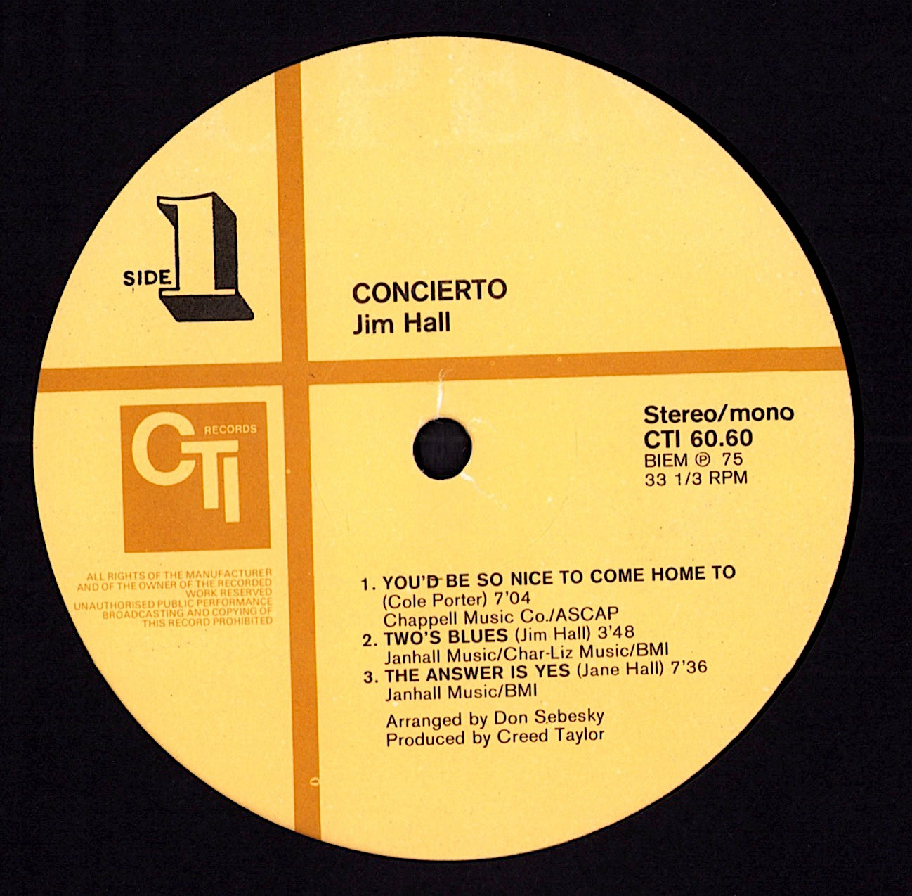 Jim Hall – Concierto Vinyl LP | DE Reissue | CTI Records Kopie