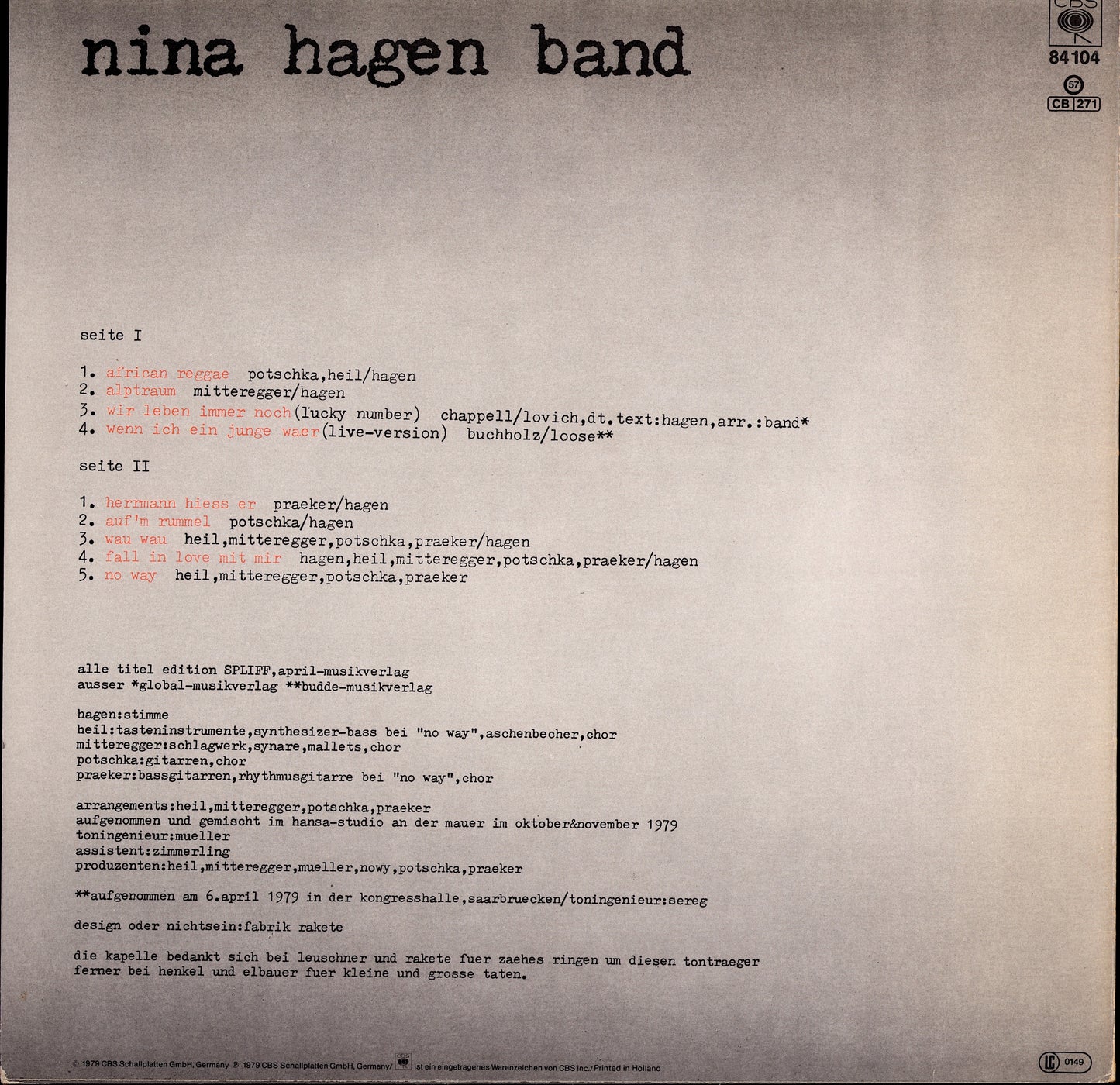 Nina Hagen Band – Nina Hagen Band Vinyl LP Kopie