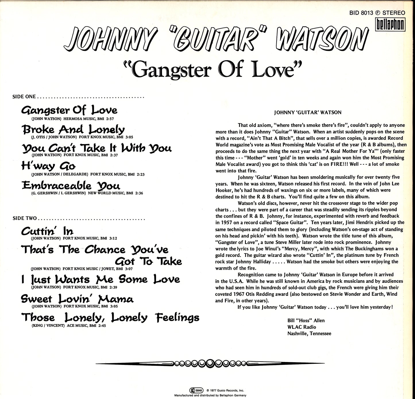 Johnny Guitar Watson – Gangster Of Love Vinyl LP Kopie