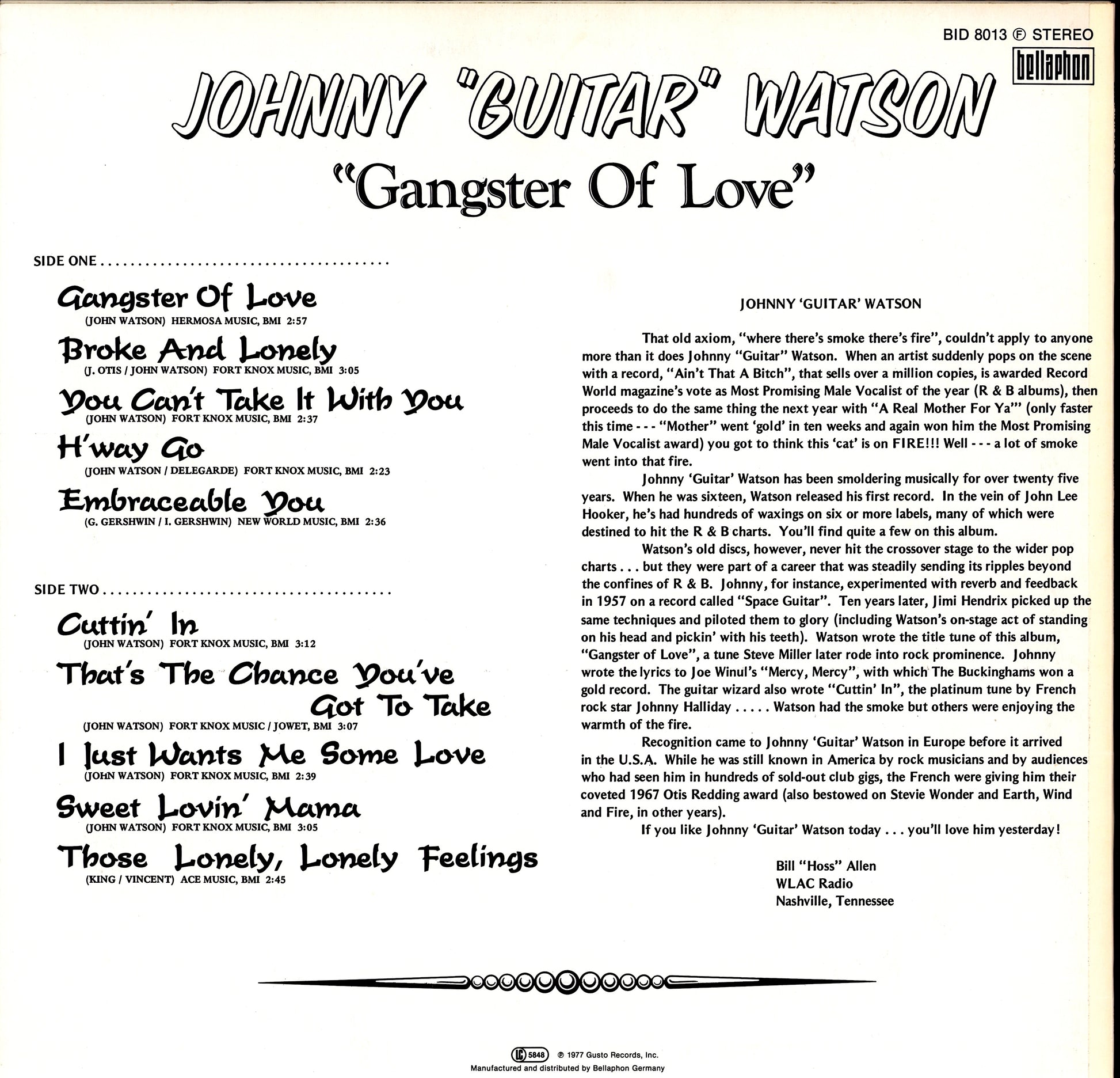 Johnny Guitar Watson – Gangster Of Love Vinyl LP Kopie