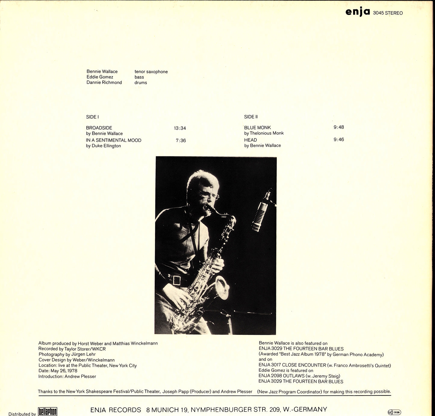 Bennie Wallace – Live At The Public Theater (Vinyl LP)