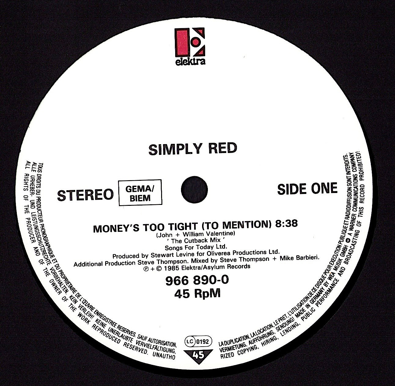 Simply Red -Money$ Too Tight To Mention Vinyl 12" Maxi-Single Kopie