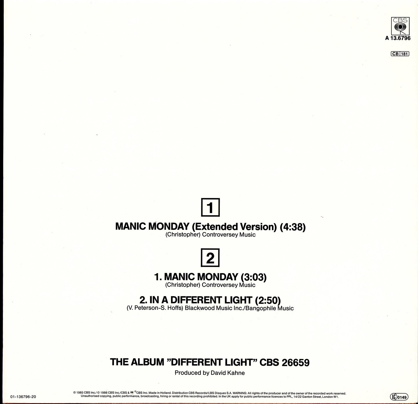 Bangles - Manic Monday Vinyl 12" | EU Original | 1986