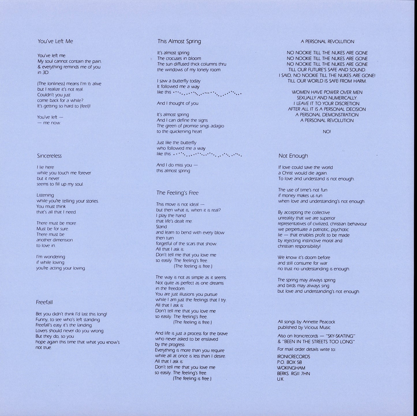 Annette Peacock - I Have No Feelings Vinyl LP