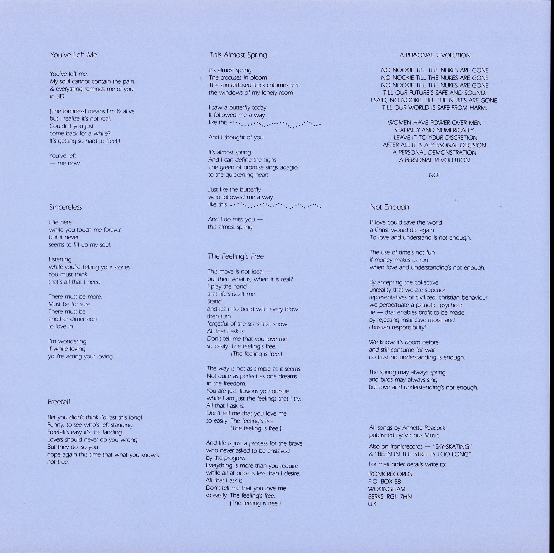 Annette Peacock - I Have No Feelings Vinyl LP