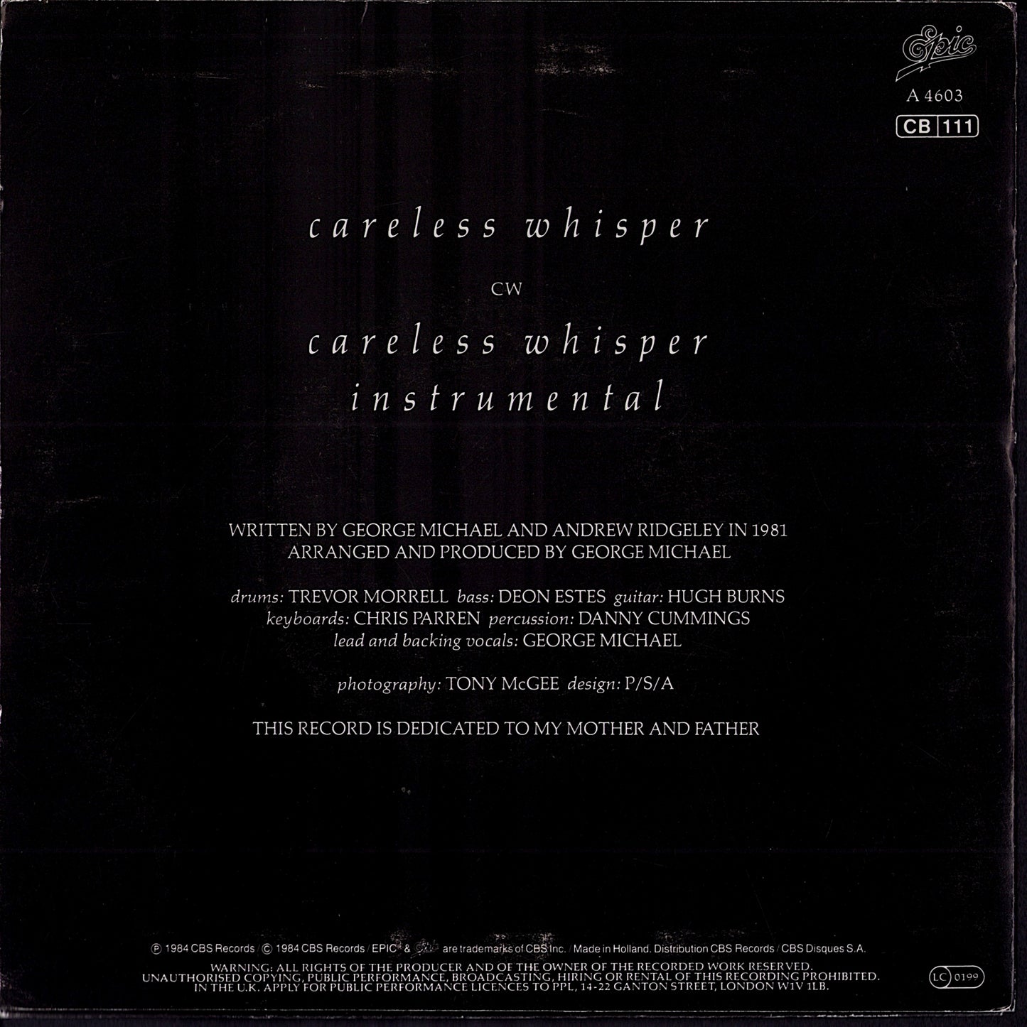 George Michael – Careless Whisper 7" Vinyl Single | EU Original | 1984