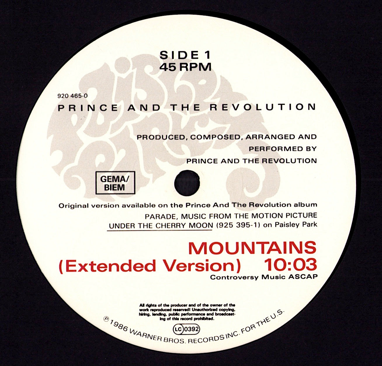 Prince And The Revolution – Mountains Extended Version Vinyl 12" Maxi | EU Original | 1986 Kopie Kopie