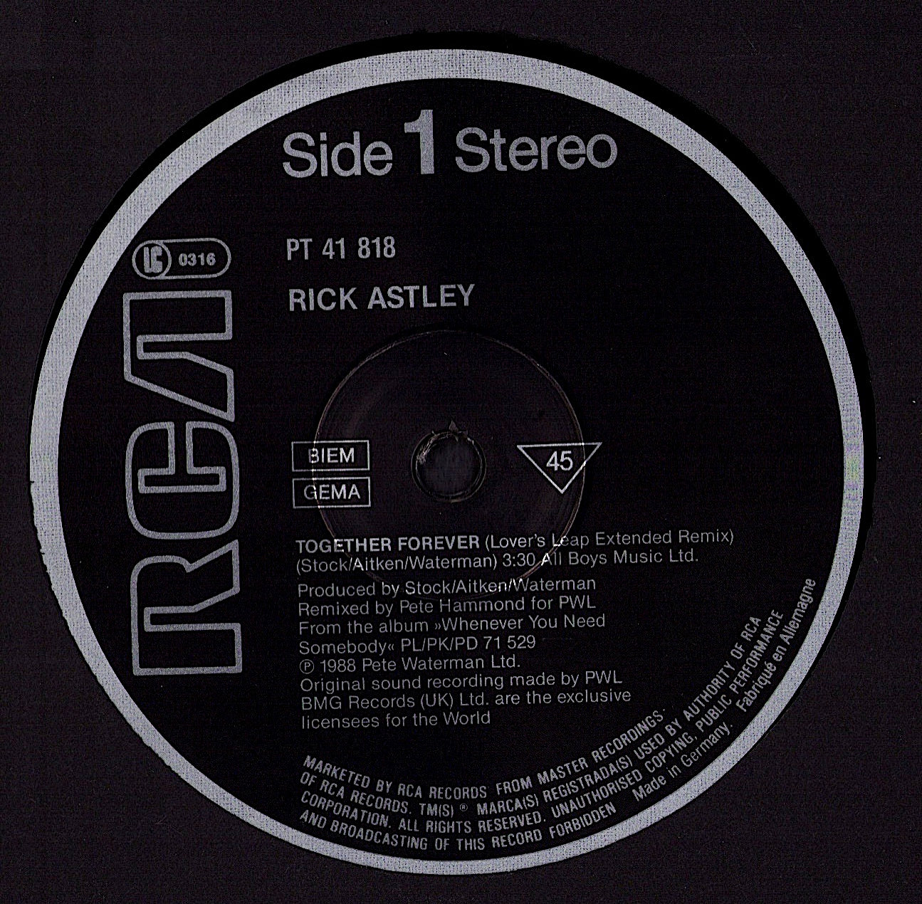 Rick Astley - Together Forever Vinyl 12" Maxi-Single