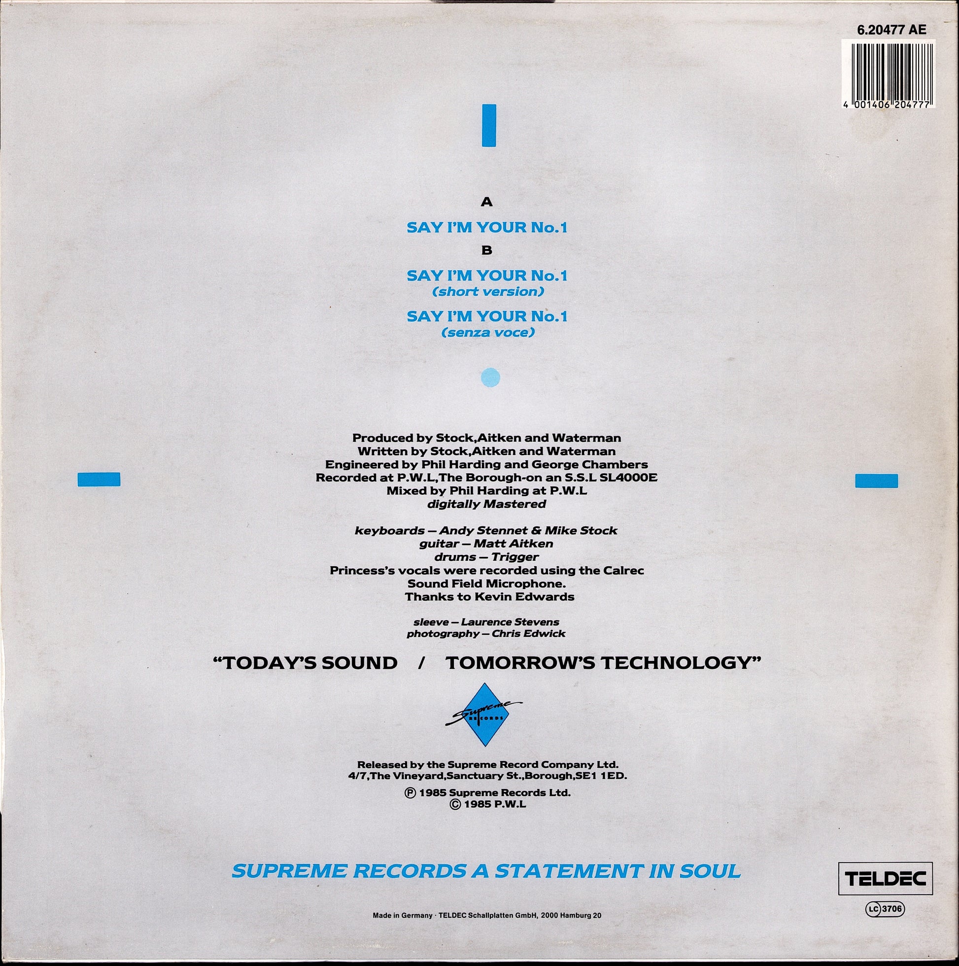 Princess – Say I'm Your No. 1 Vinyl 12" Maxi-Single